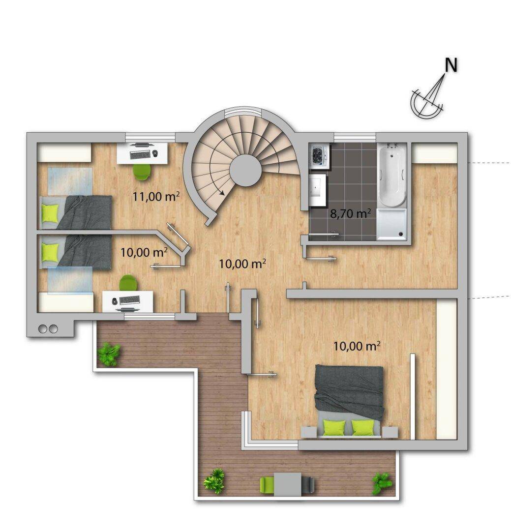Grundriss des Obergeschosses mit Schlafzimmern, einem Badezimmer und einer eleganten Wendeltreppe.