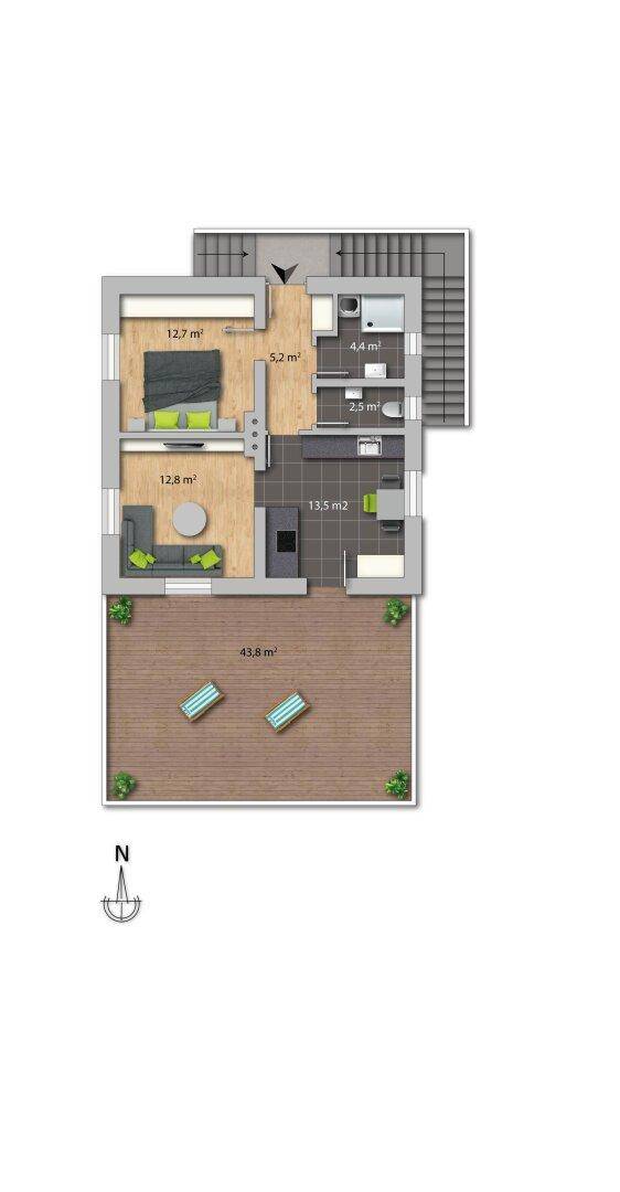 Grundriss des Obergeschosses mit Schlafzimmern, Badezimmer und einer sehr großen Dachterrasse.