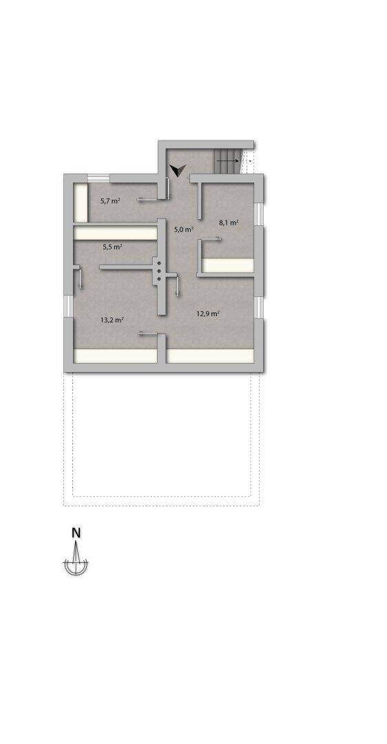 Grundriss des Dachgeschosses mit mehreren Räumen und Zugang über das Treppenhaus.