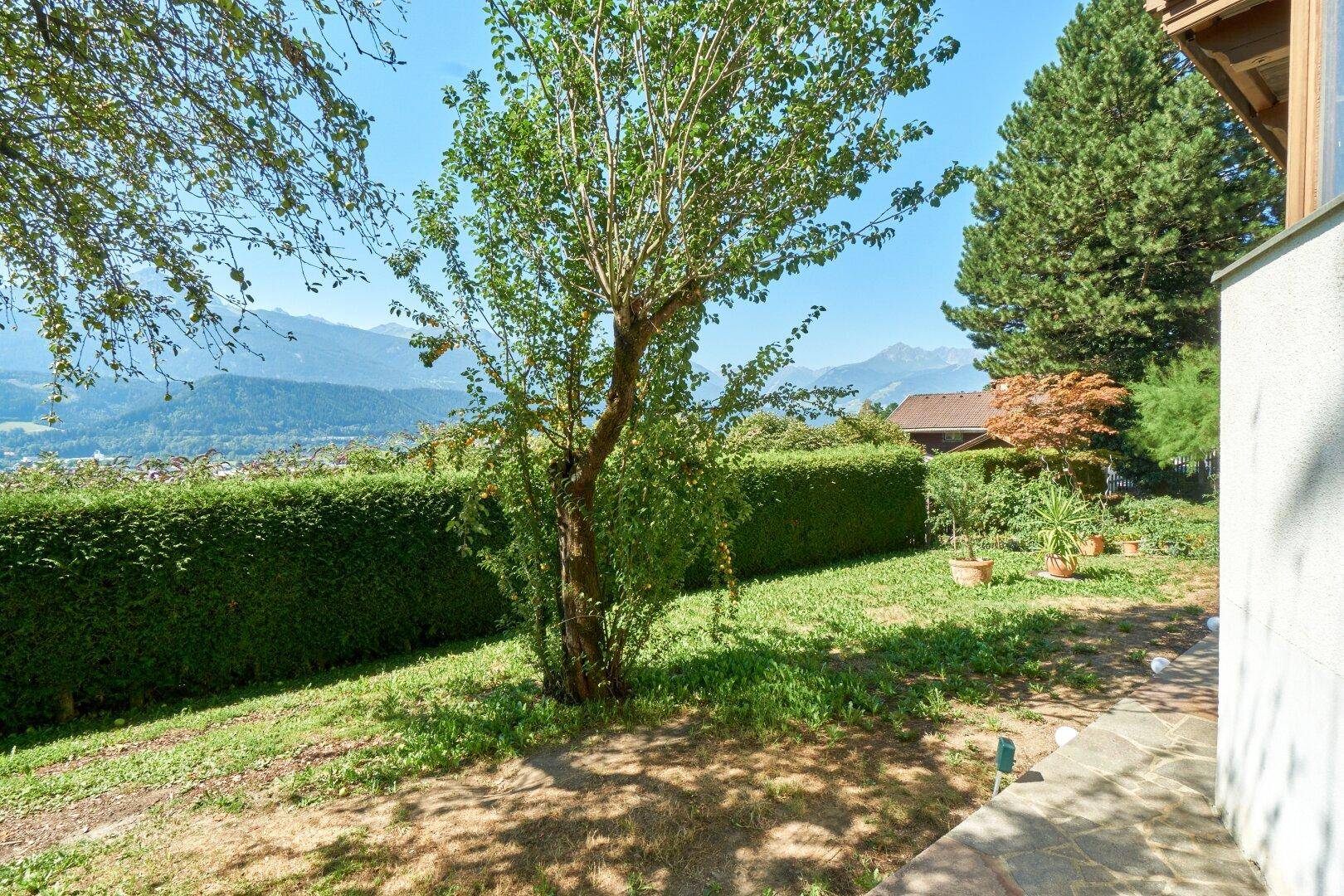 Grüner Gartenbereich mit Hecke und Bäumen, bietet einen weiten Blick auf die umliegende Berglandschaft.