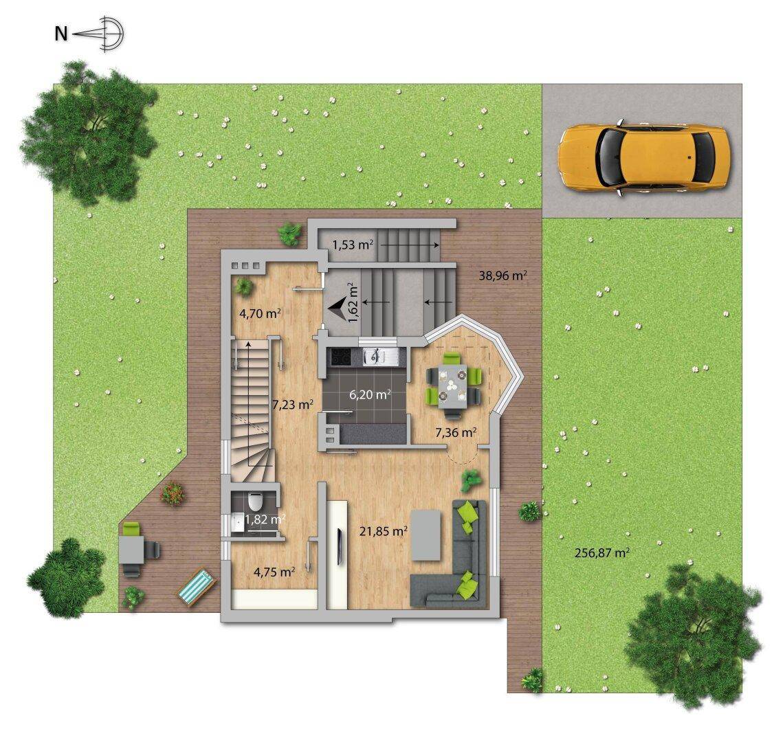 Detaillierter Grundriss des Erdgeschosses mit offenem Wohnbereich, Terrasse und Garten.