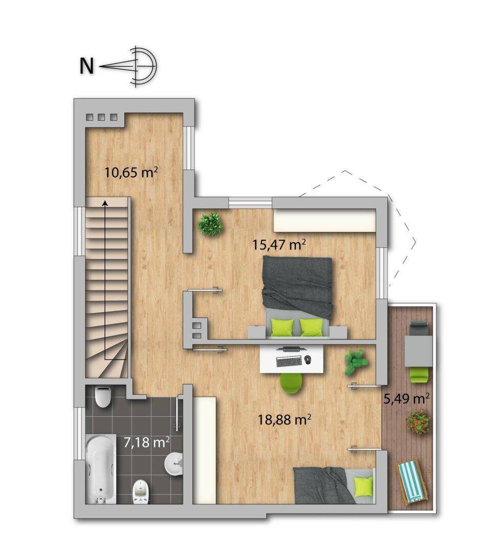 Grundriss des Obergeschosses mit zwei Schlafzimmern, einem Badezimmer und einem Balkon.