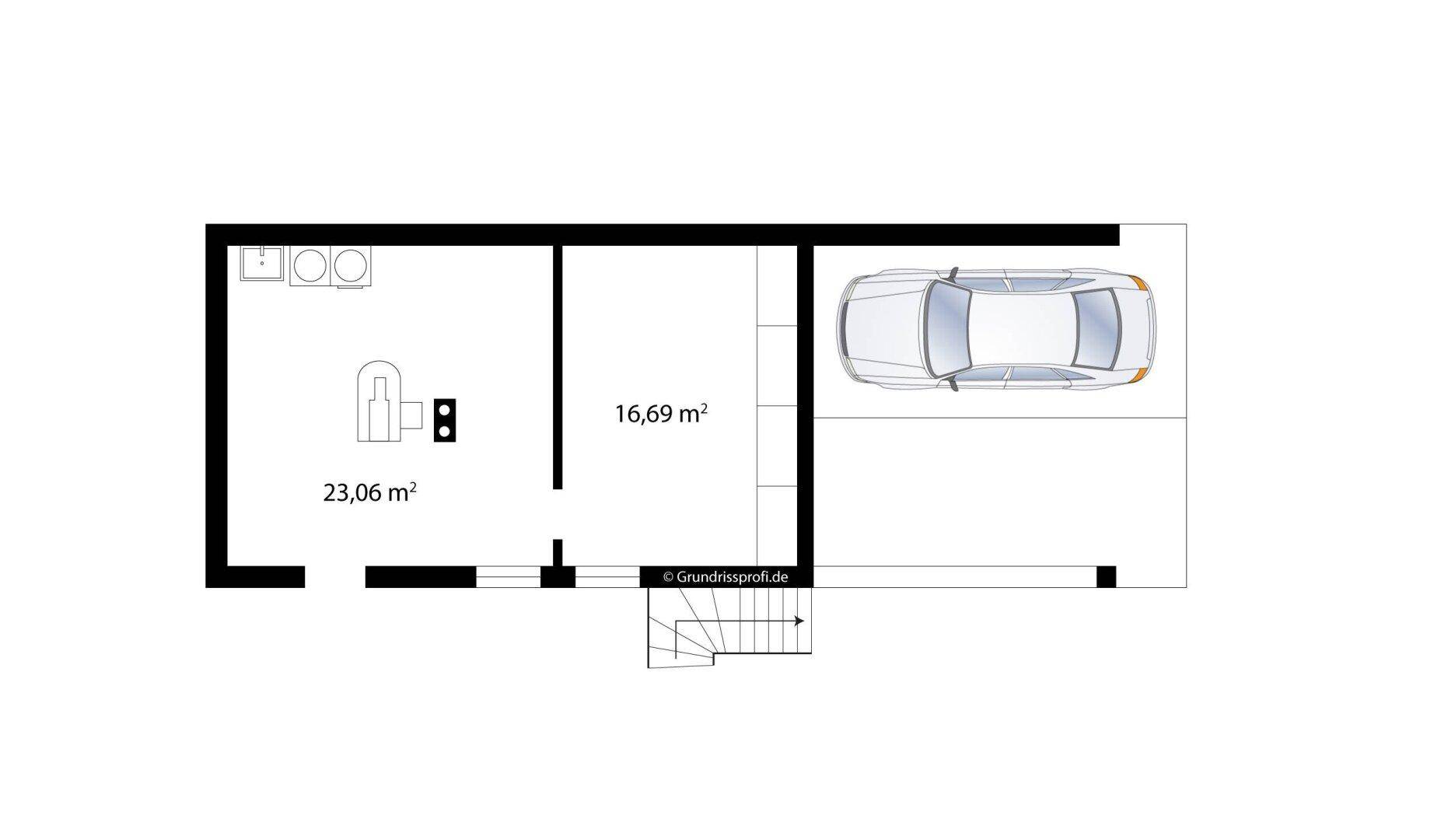 Grundriss des Untergeschosses mit Abstellraum, Hauswirtschaftsraum und Garage.