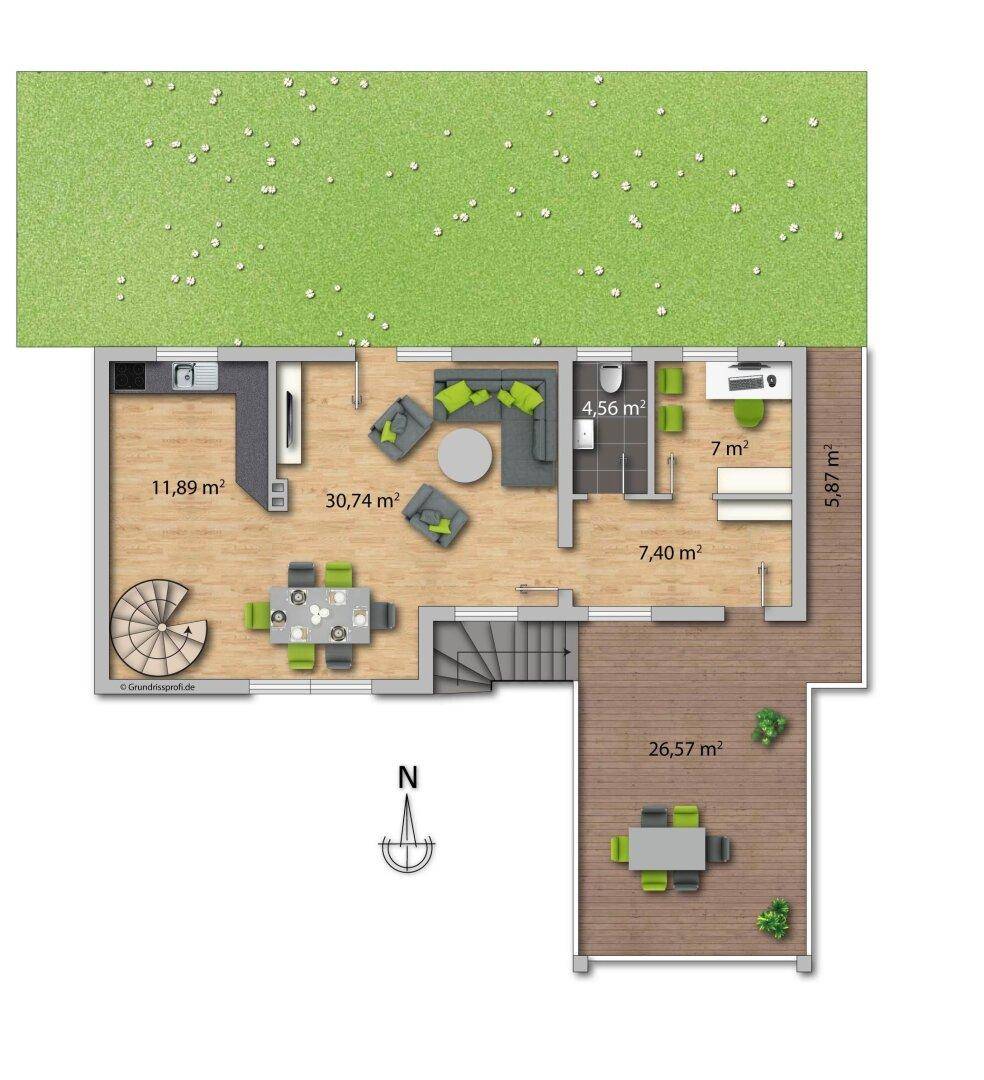 Grundriss des Erdgeschosses mit offenem Wohnbereich, Küche und großer Terrasse.