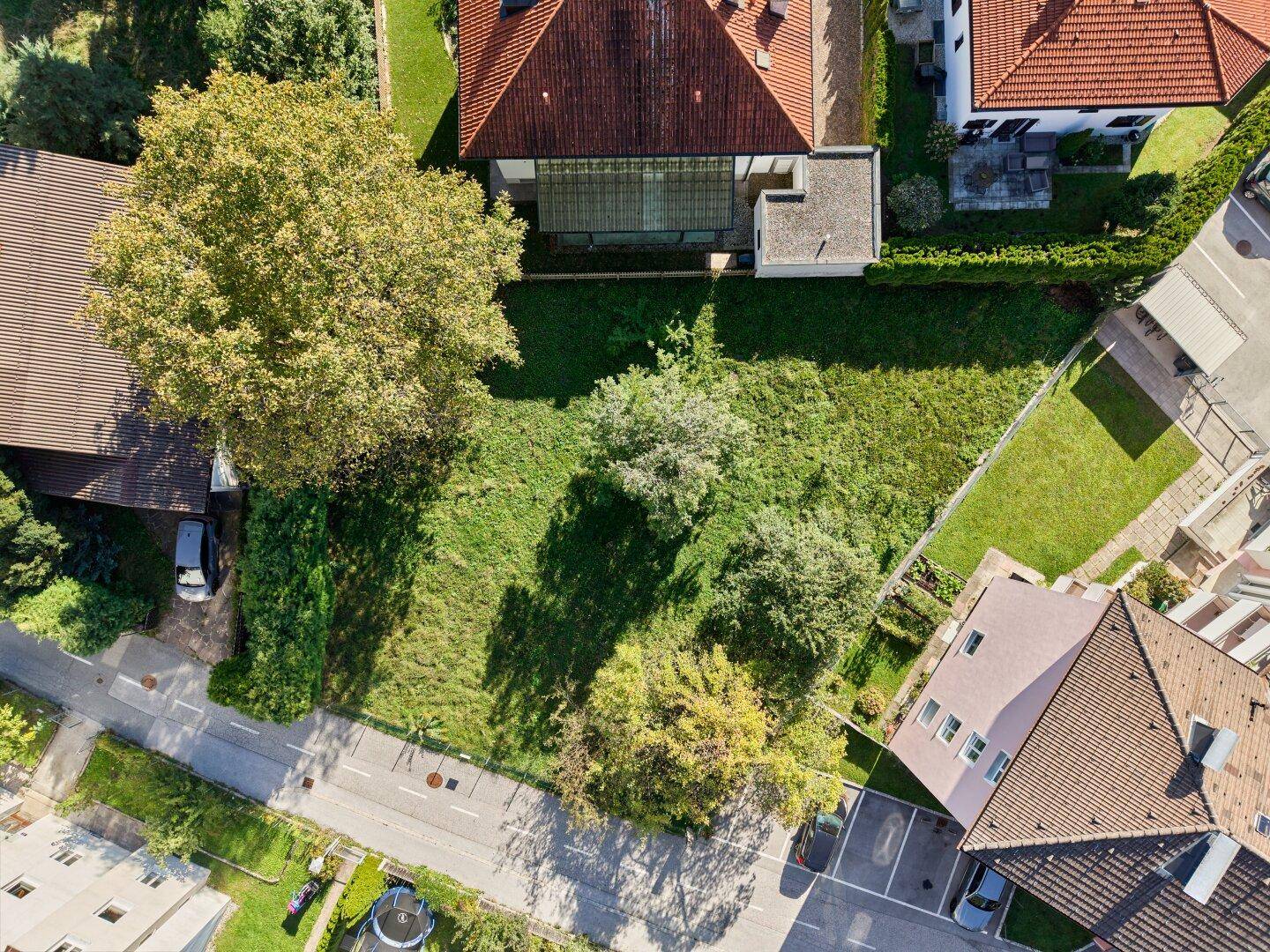 Draufsicht auf ein großes Grundstück mit Rasenfläche und Bäumen, angrenzend an eine Wohnstraße.