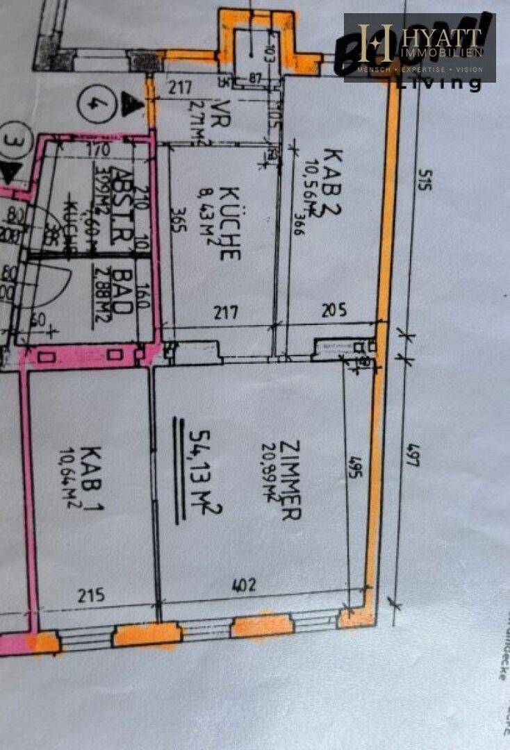 Grundrissplan einer Wohnung mit mehreren Zimmern, Küche und Bad.