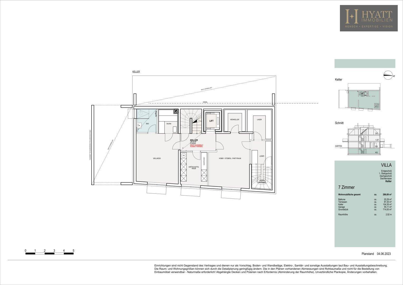 Grundriss des Kellers mit Abstellräumen, Technikbereich und Zugang zum Lift.