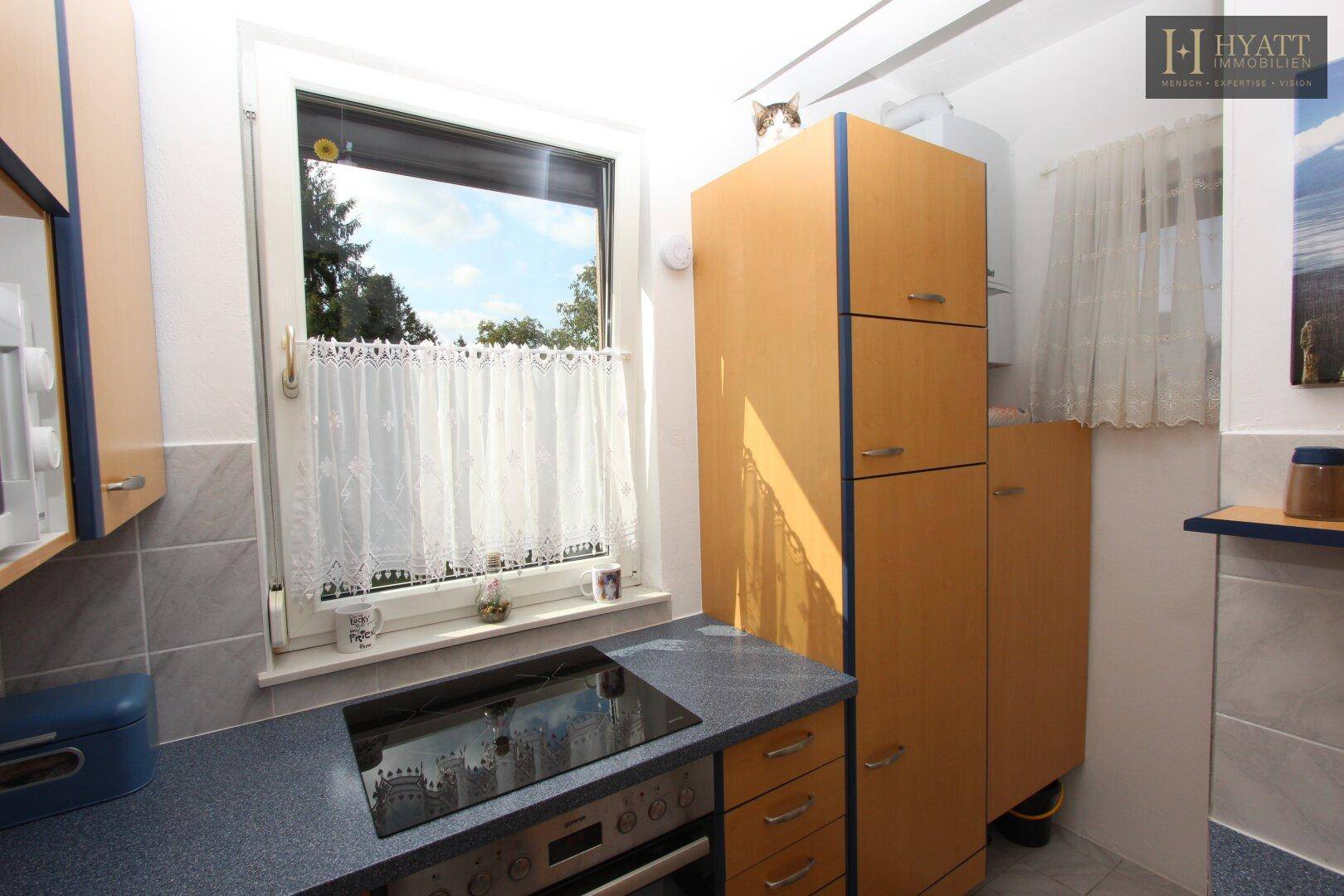 Helle Küche mit Fenster, Induktionskochfeld und praktischen Holzschränken.