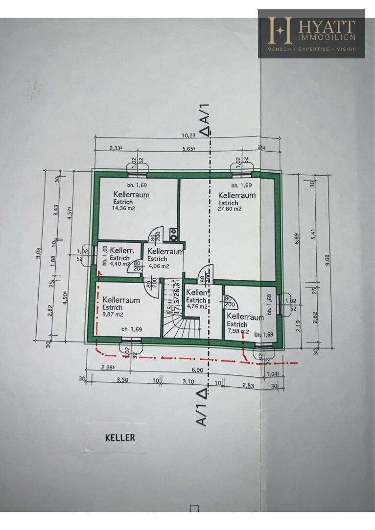 Grundriss des Kellers mit mehreren Kellerräumen und Treppenaufgang.