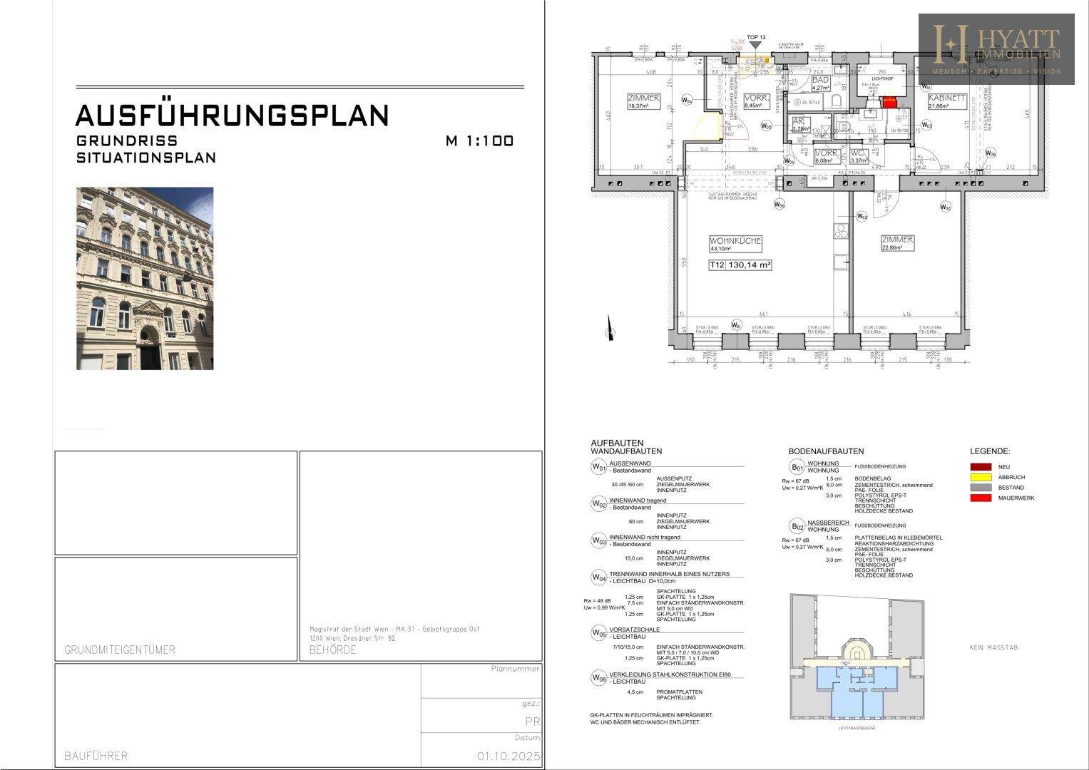 Ausführungsplan und Grundriss des Gebäudes mit detaillierten Informationen.