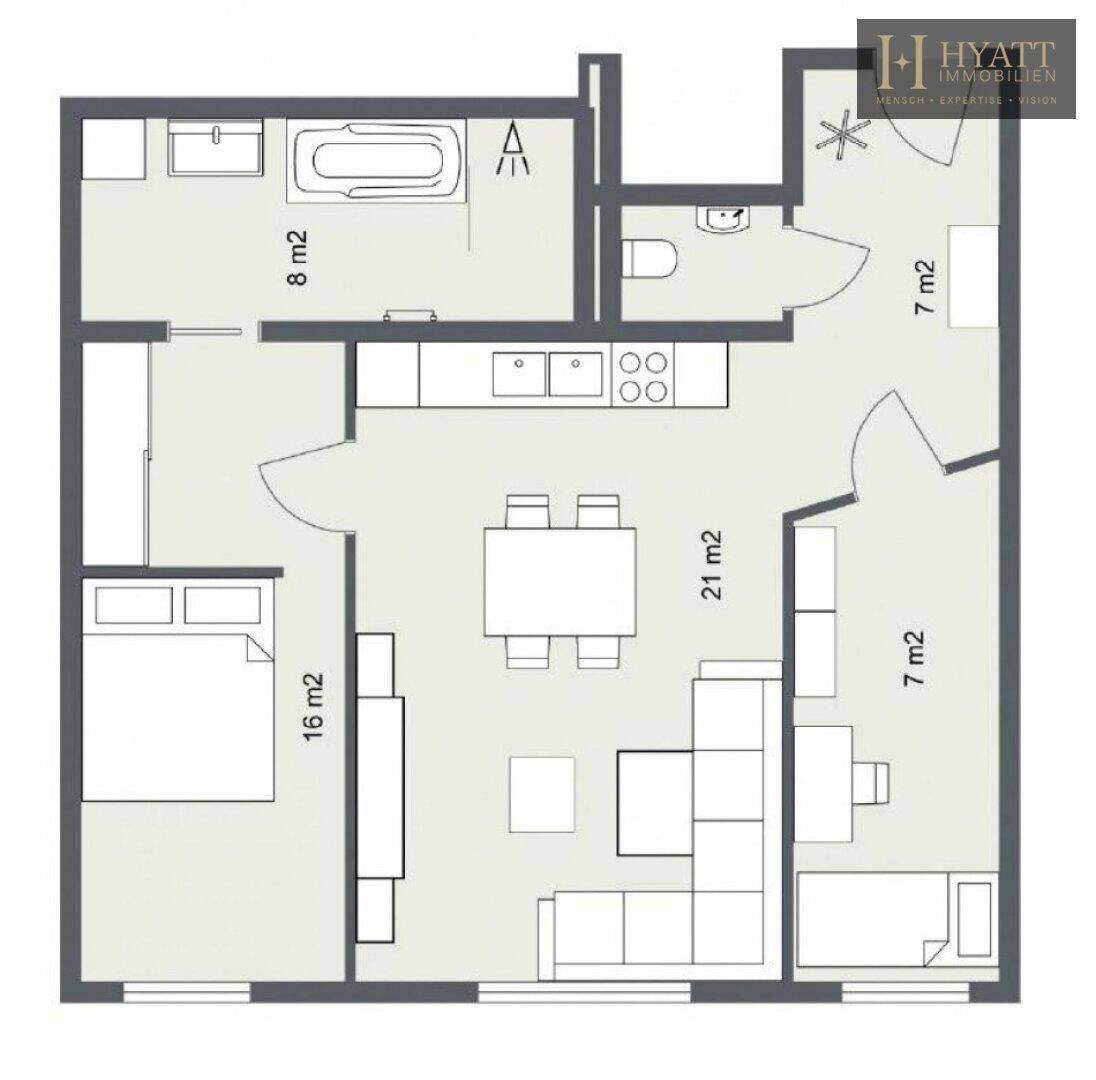 Detaillierter Grundriss einer Wohnung mit offenem Wohnbereich, Schlafzimmer und zwei Bädern.