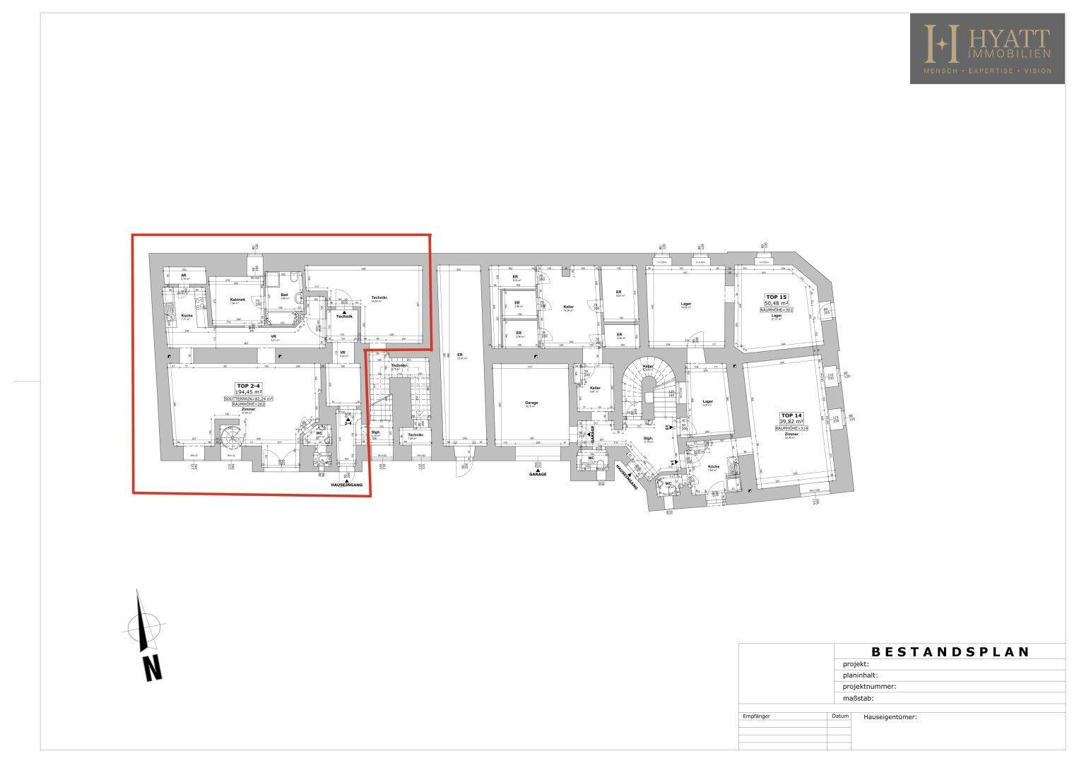Bestandsplan einer Etage mit detaillierter Raumaufteilung und Nordausrichtung.