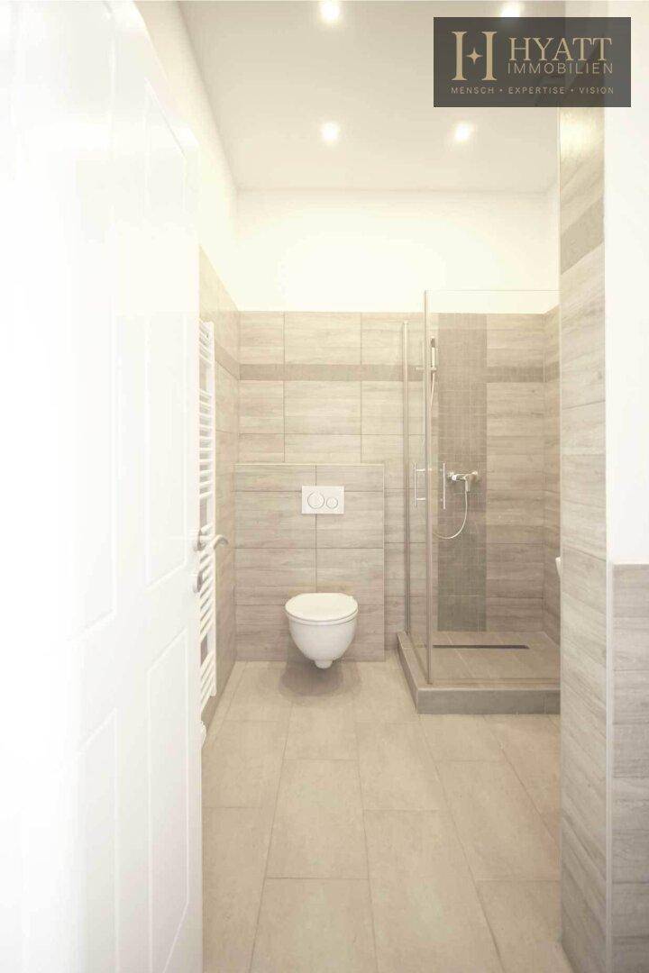 Modernes Badezimmer mit begehbarer Dusche, Wand-WC und beheiztem Handtuchhalter.