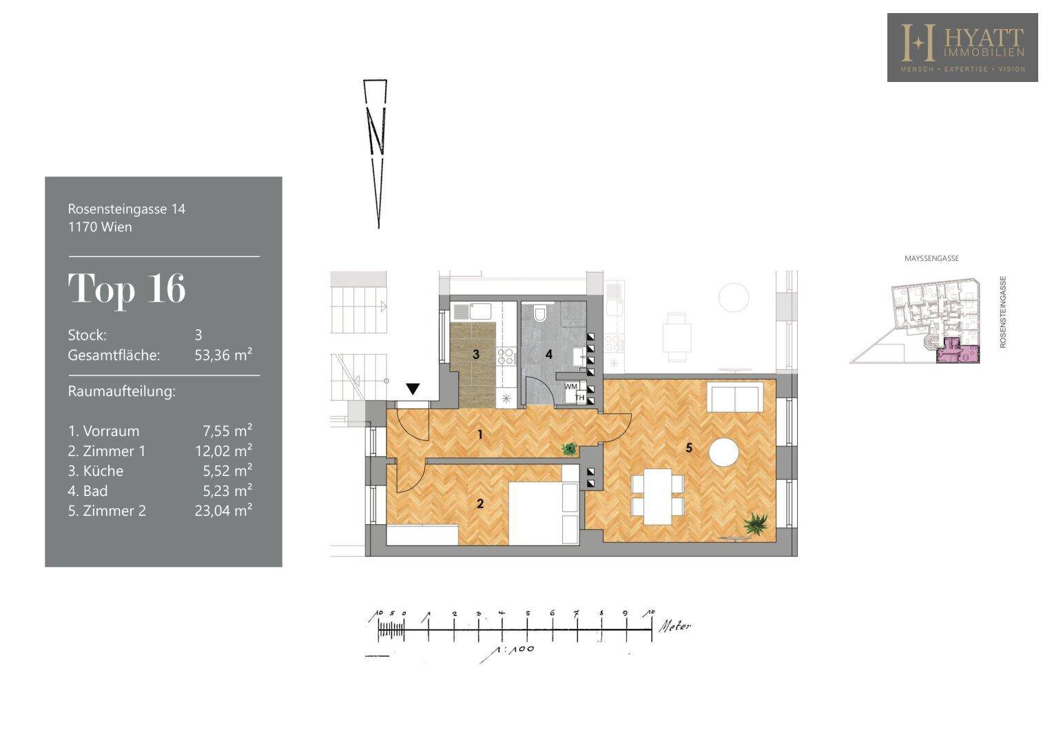 Grundriss der Wohnung Top 16 mit 53,36 m² und Raumaufteilung.