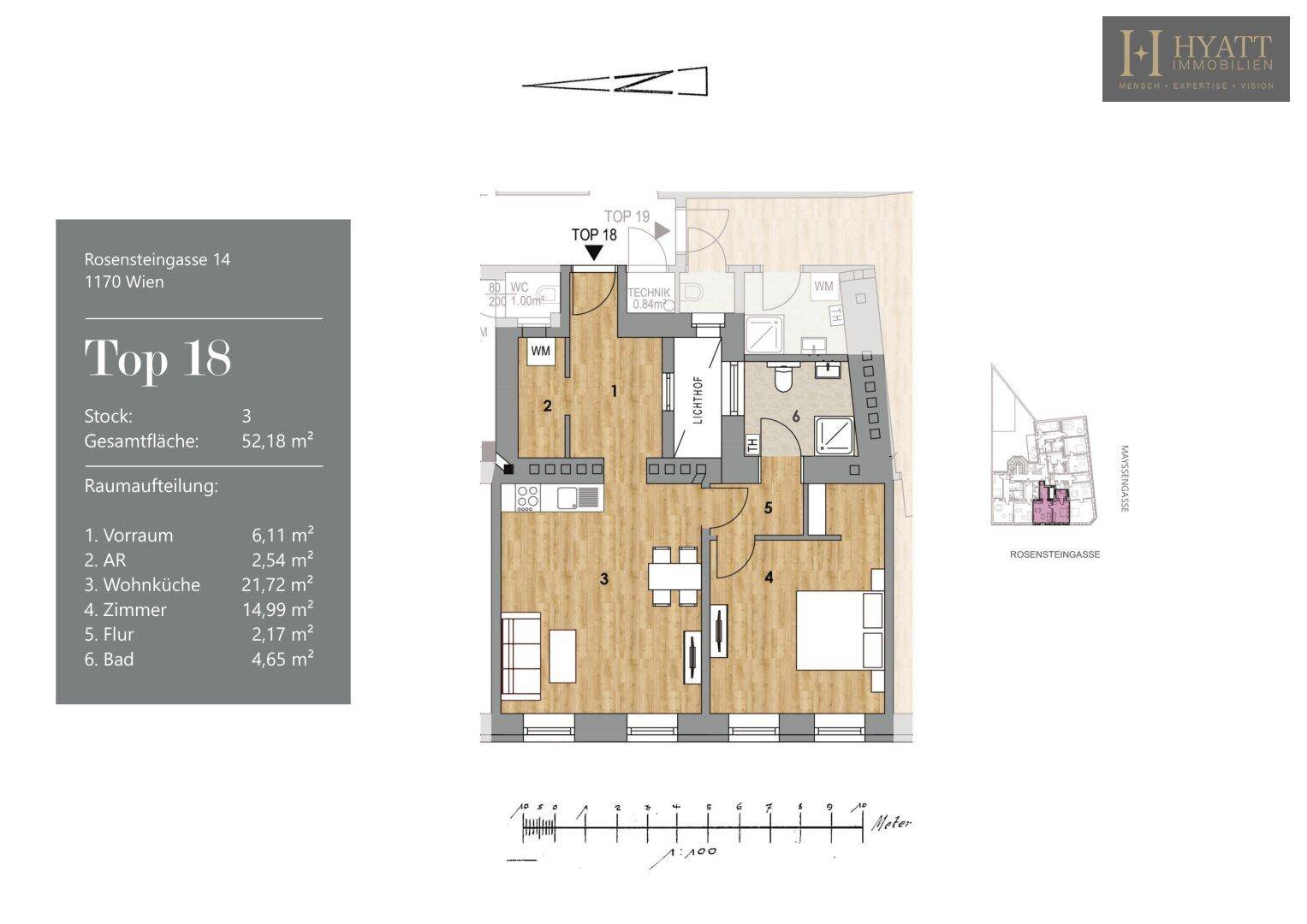 Grundriss der Wohnung Top 18 mit Raumaufteilung und Gesamtfläche von 52,18 m².