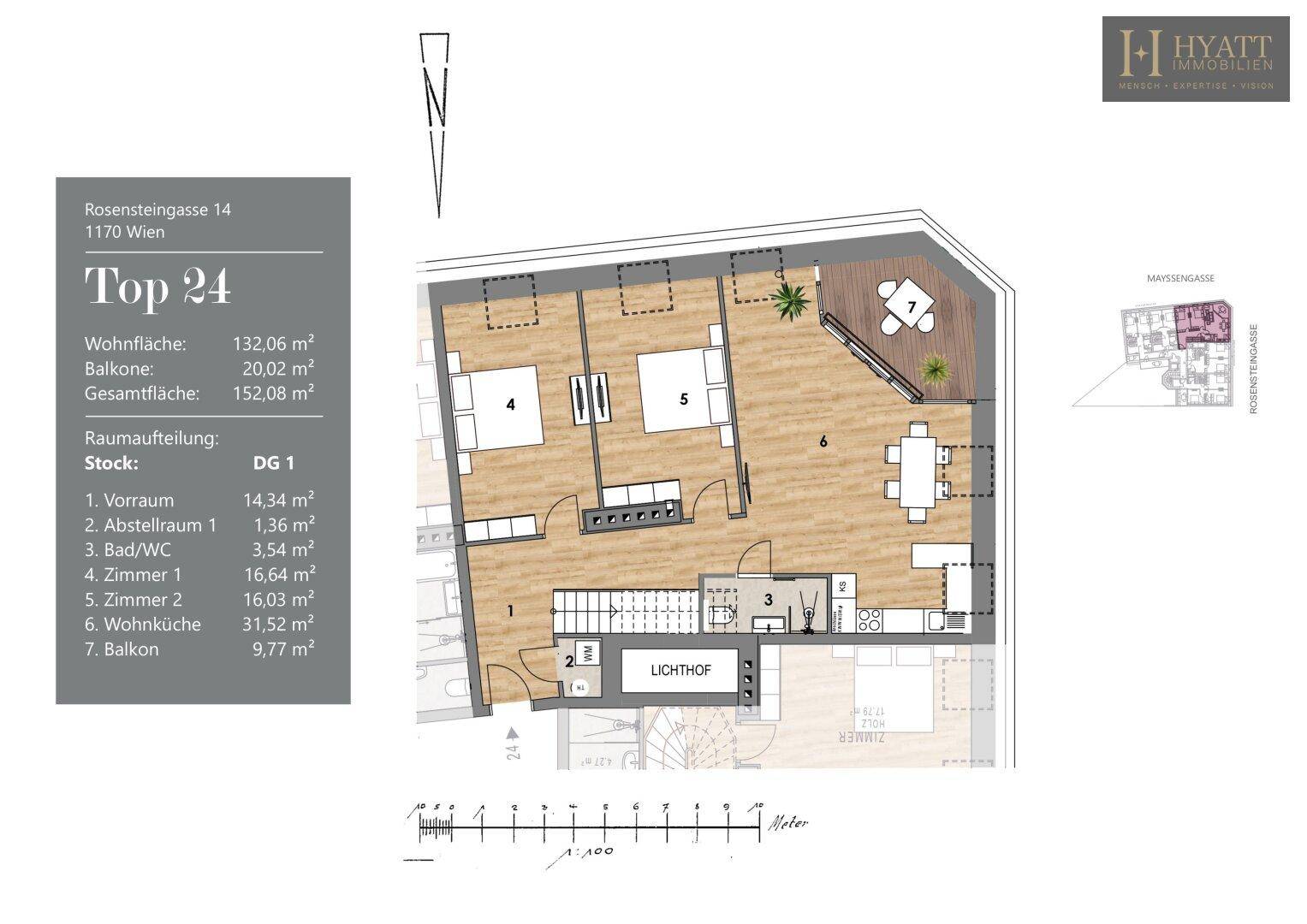 Grundriss der ersten Dachgeschossebene mit Wohnküche, Schlafzimmern und Balkon.