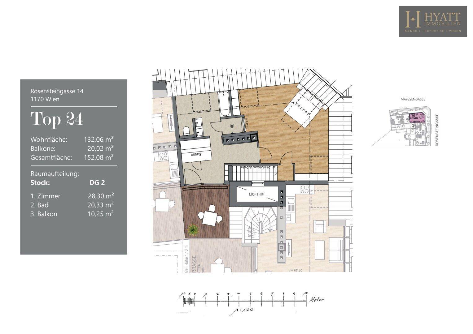 Grundriss der zweiten Dachgeschossebene mit Schlafzimmer, Bad und Balkon.