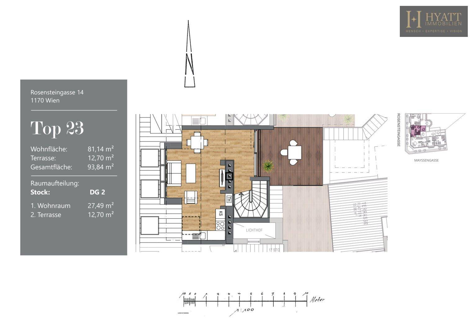 Grundriss des zweiten Dachgeschosses (DG 2) mit großem Wohnraum und einer weiteren Terrasse.