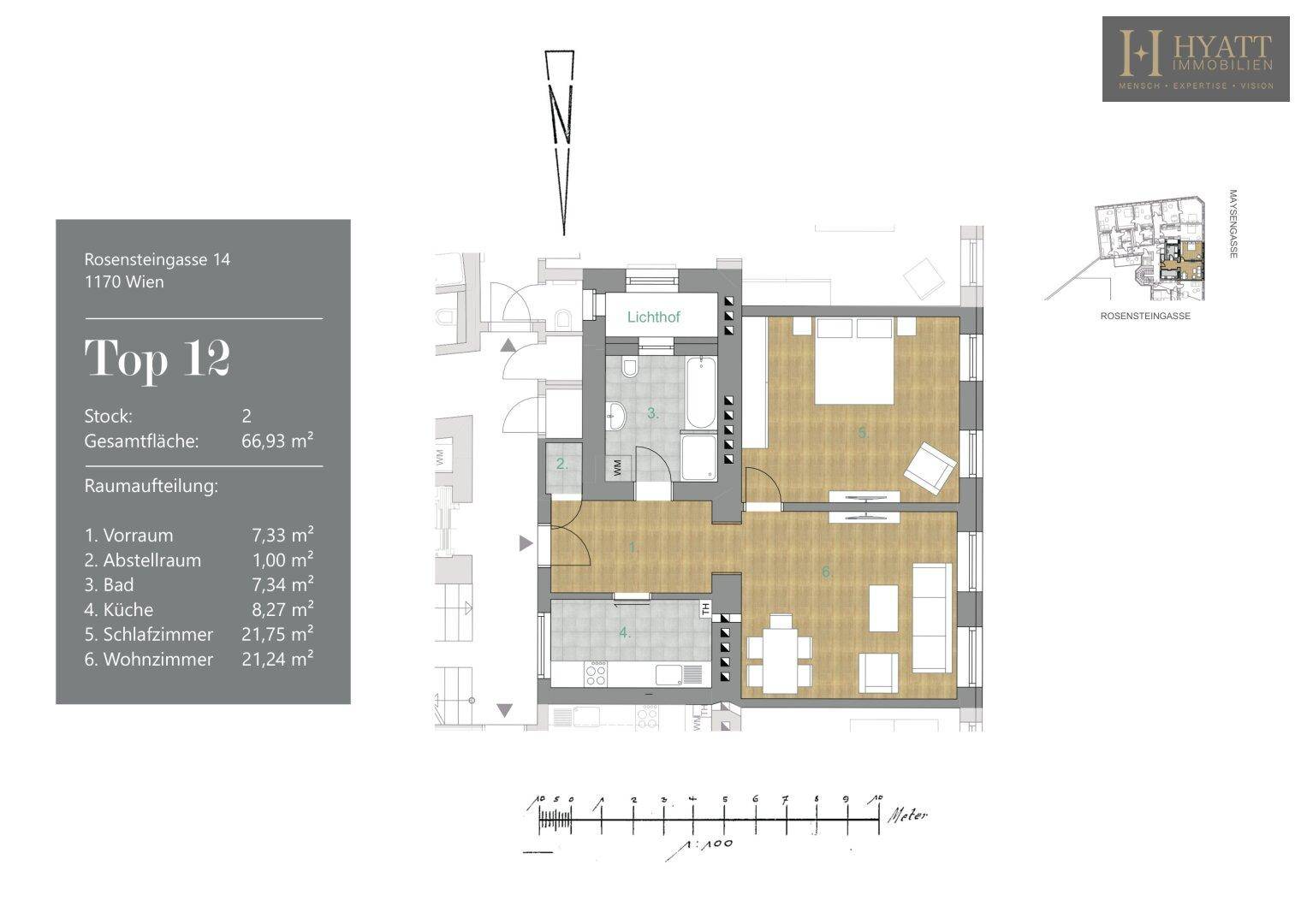 Grundriss der Wohnung Top 12 mit Raumaufteilung und Flächenangaben in Quadratmetern.