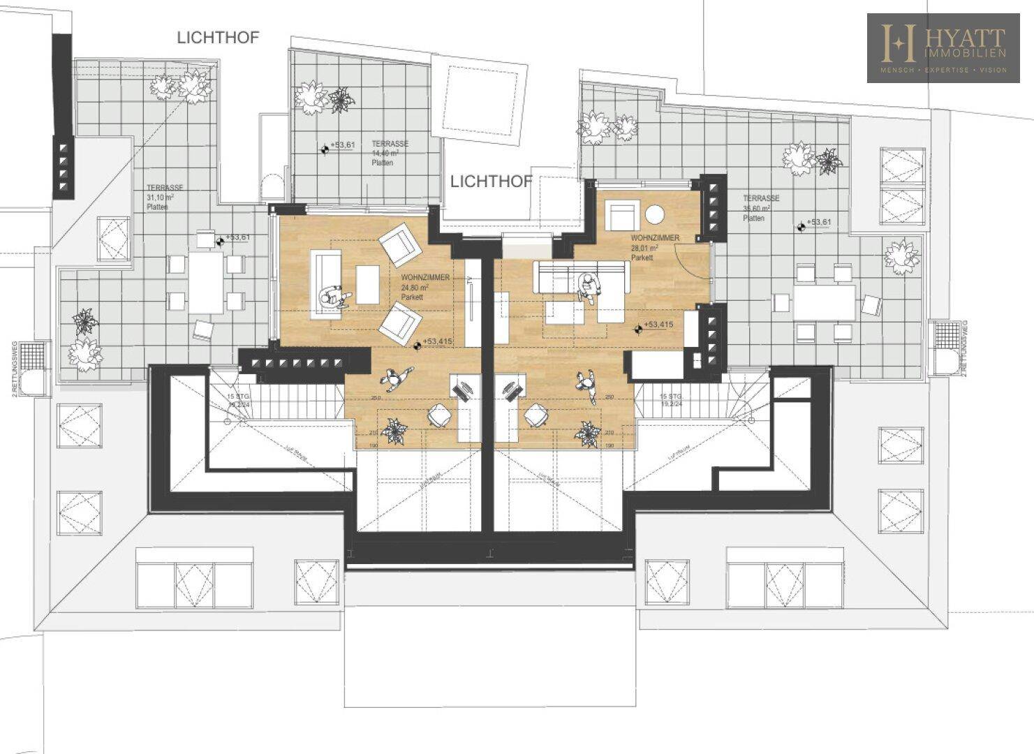Grundrissplan von zwei Wohneinheiten mit Wohnzimmern, Terrassen und Lichthof.