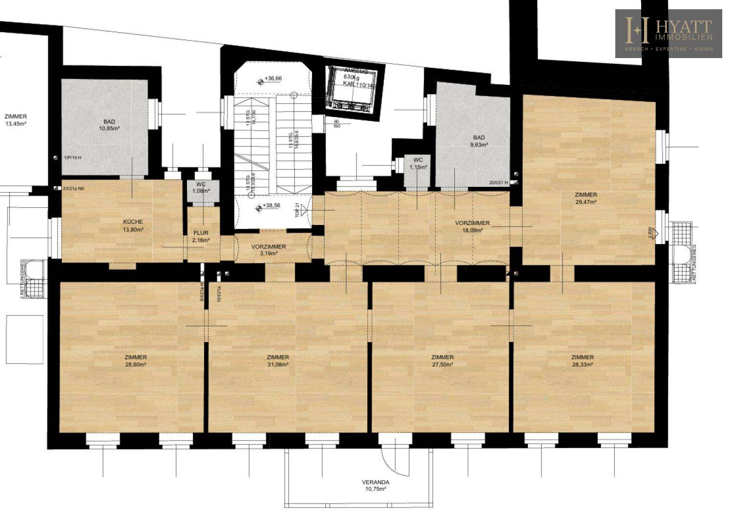Detaillierter Grundrissplan mit Zimmern, Bädern, Küche und einer Veranda.