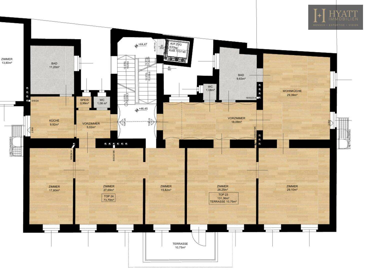 Grundrissplan mit Zimmern, Bädern, Wohnküche und einer Terrasse.
