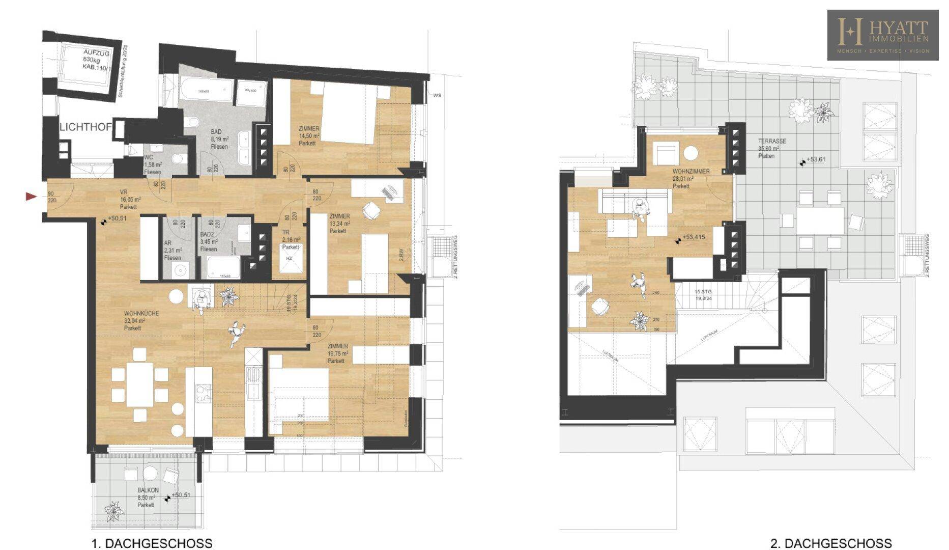 Grundrissplan über zwei Dachgeschosse mit Zimmern, Bädern, Balkon und Terrassen.