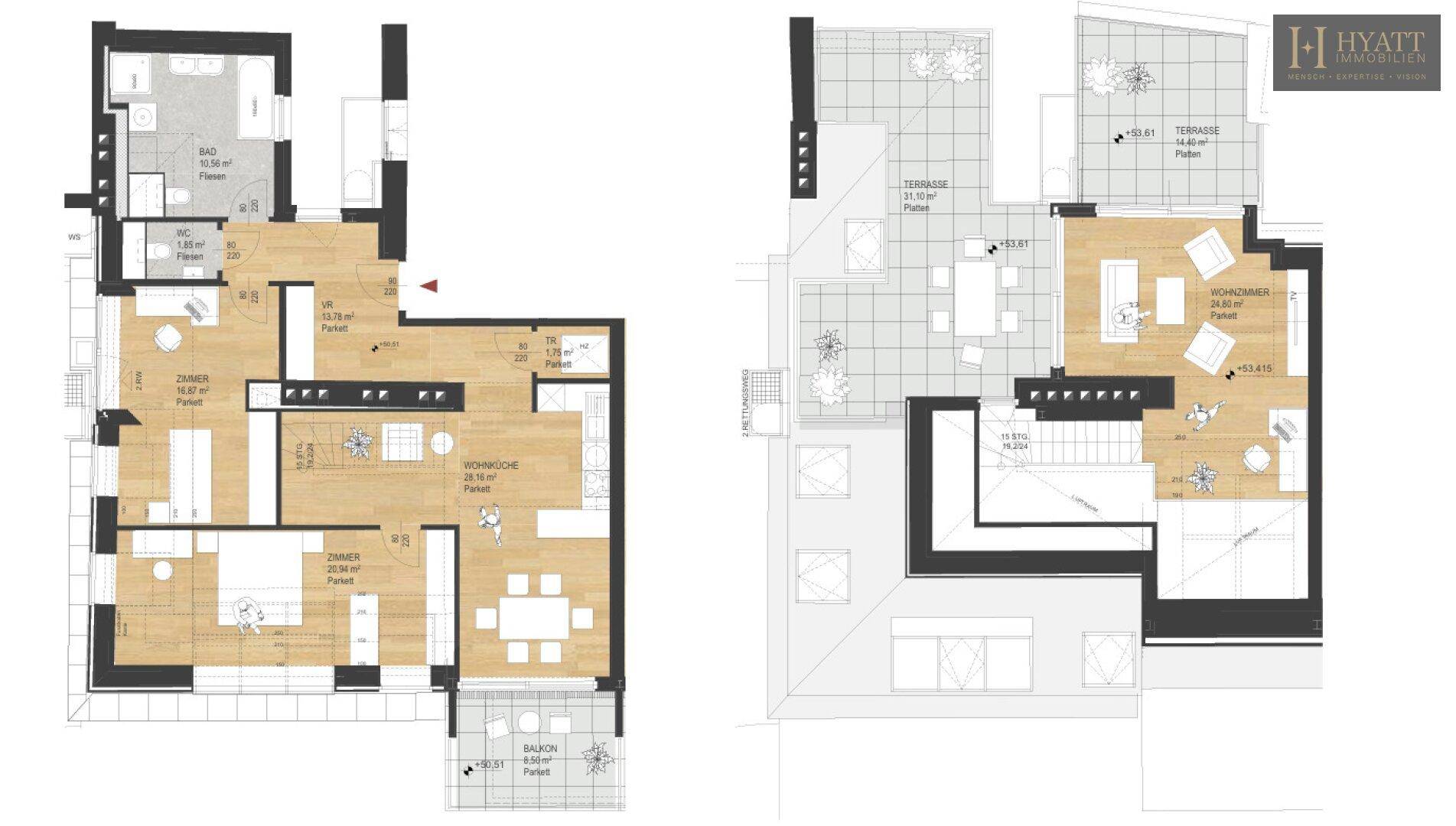 Grundrissplan über zwei Dachgeschosse mit Zimmern, Bädern, Balkon und Terrassen.