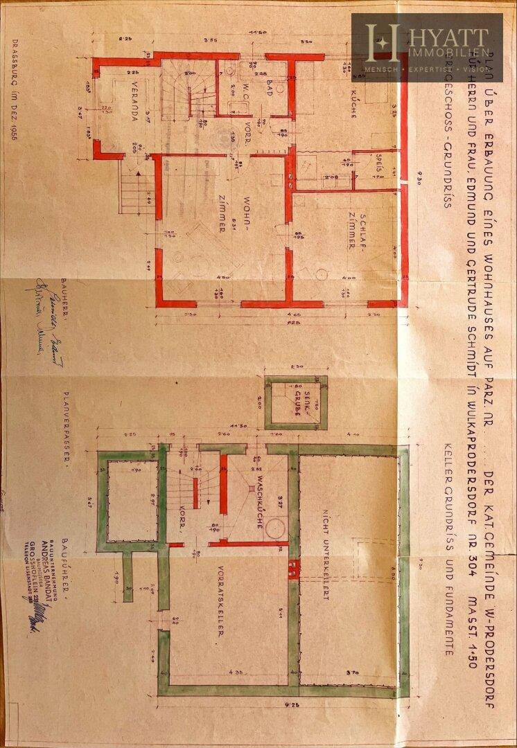 Historischer Grundriss des Erdgeschosses und Kellers mit handgezeichneten Details.