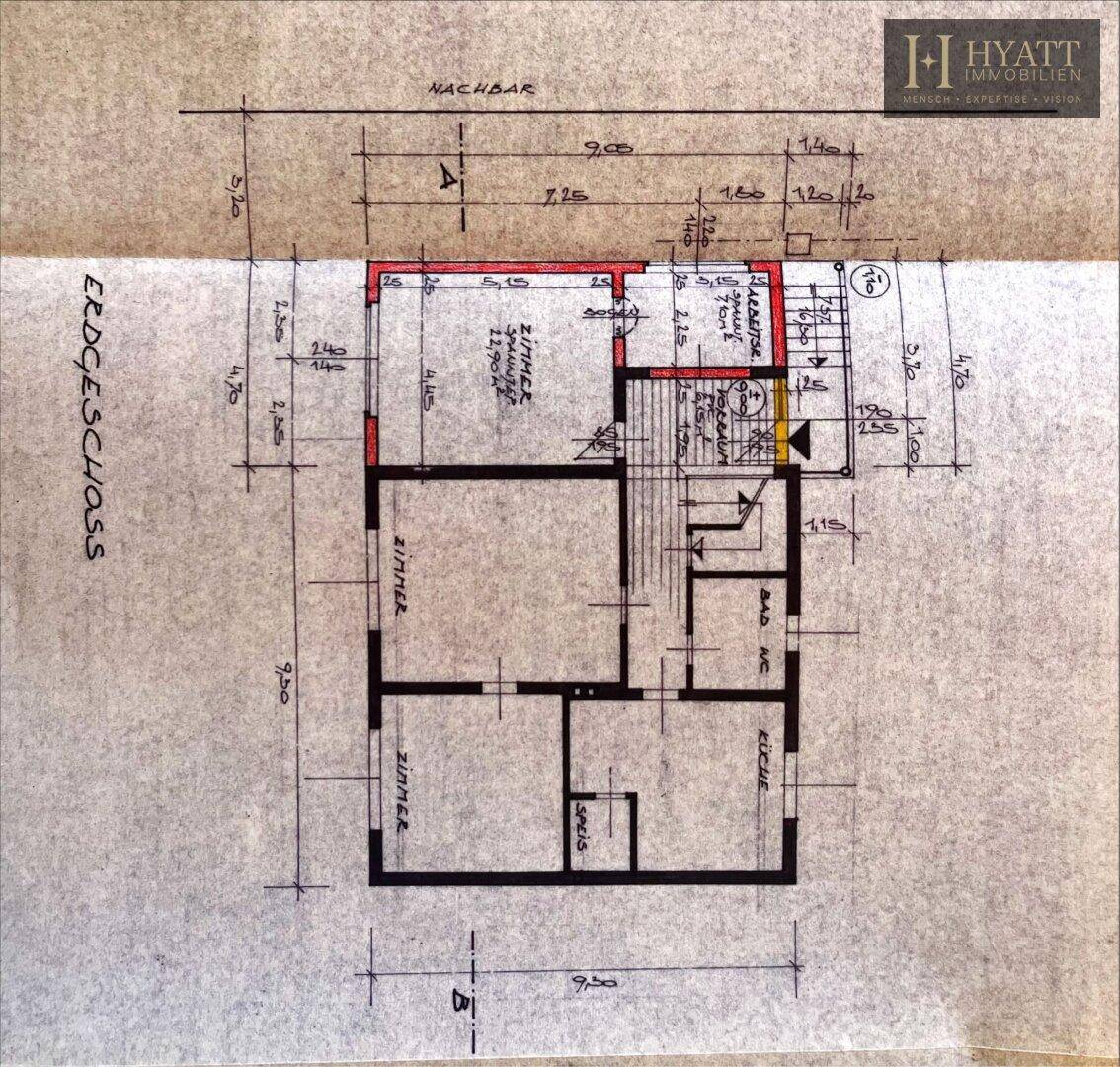 Historischer Grundriss des Erdgeschosses mit Küche, Bad und weiteren Zimmern.