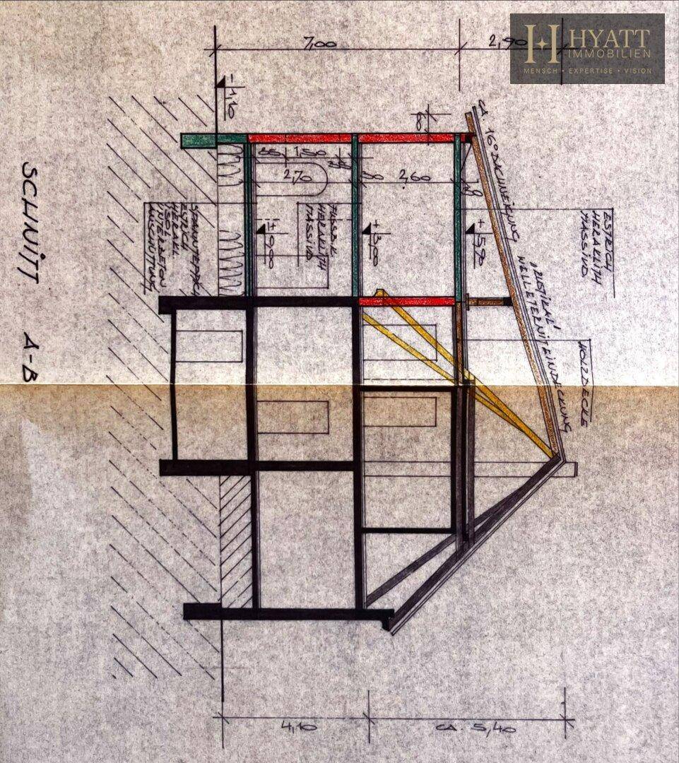 Historischer Schnittplan des Gebäudes mit Details zur Konstruktion und Dachschräge.