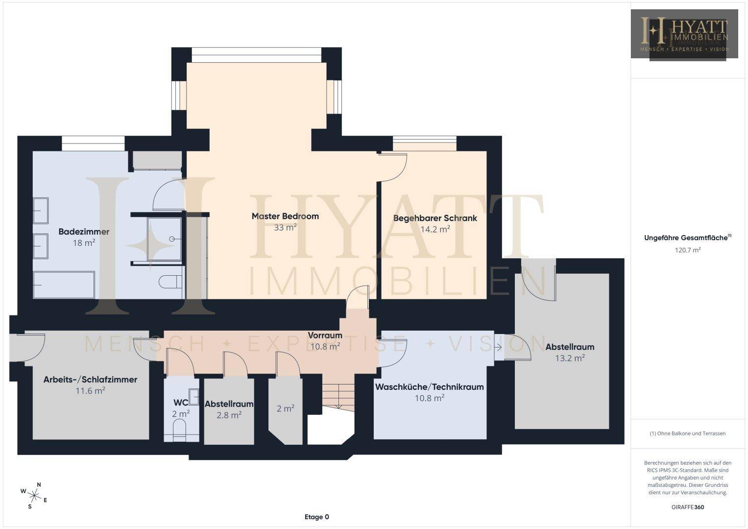 Grundriss der Etage 0 mit Hauptschlafzimmer, Bad, begehbarem Kleiderschrank und weiteren Räumen.