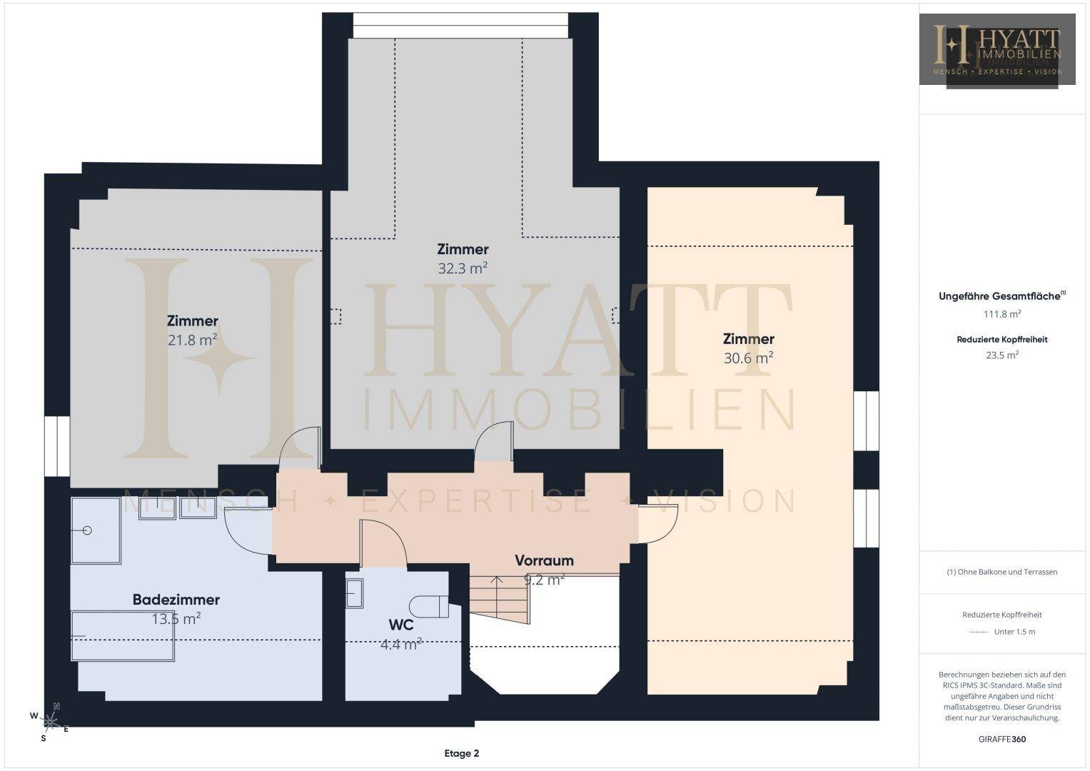 Grundriss der Etage 2 mit drei Zimmern, Bad und WC unter reduziertem Dach.