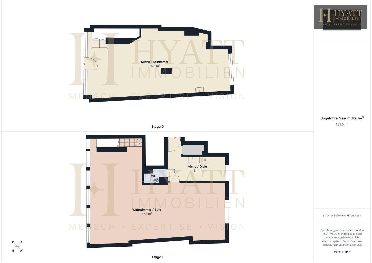 Grundriss zeigt zwei Etagen mit Küche/Esszimmer, Wohnzimmer/Büro und Gäste-WC.