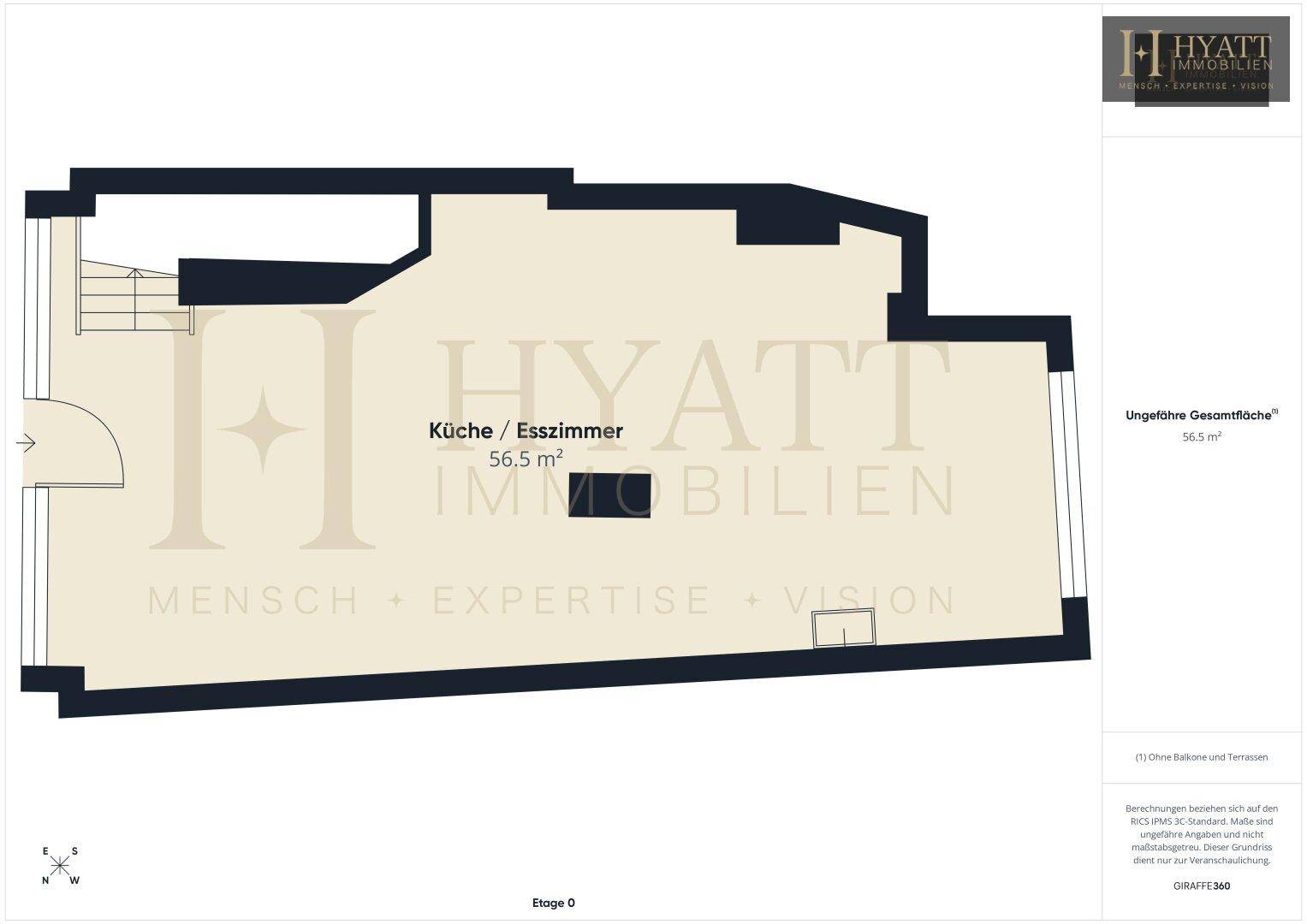 Grundriss der Etage 0 mit einem großen offenen Bereich für Küche und Esszimmer.