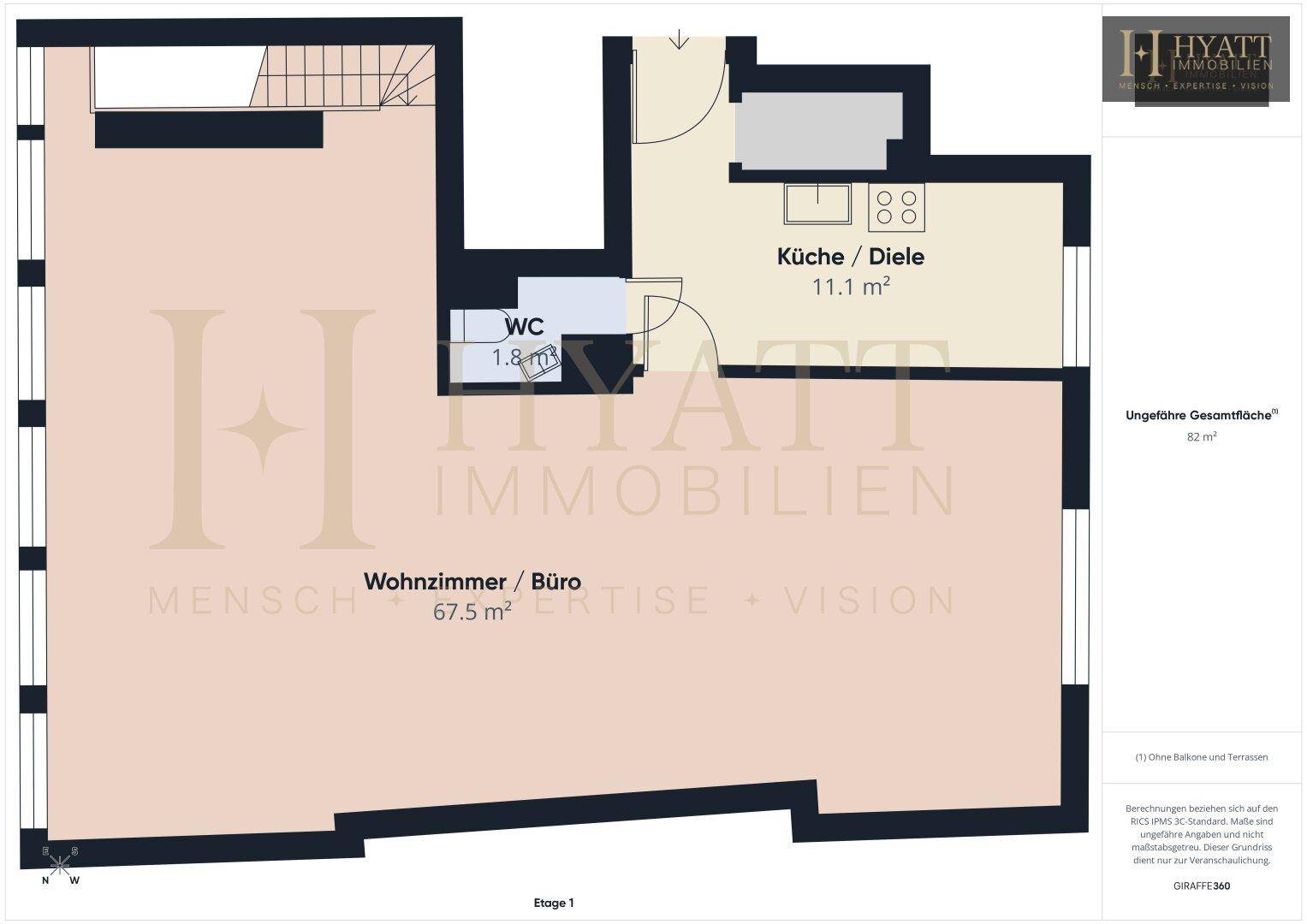 Grundriss der Etage 1 mit Wohnzimmer/Büro, kleiner Küche und separatem Gäste-WC.