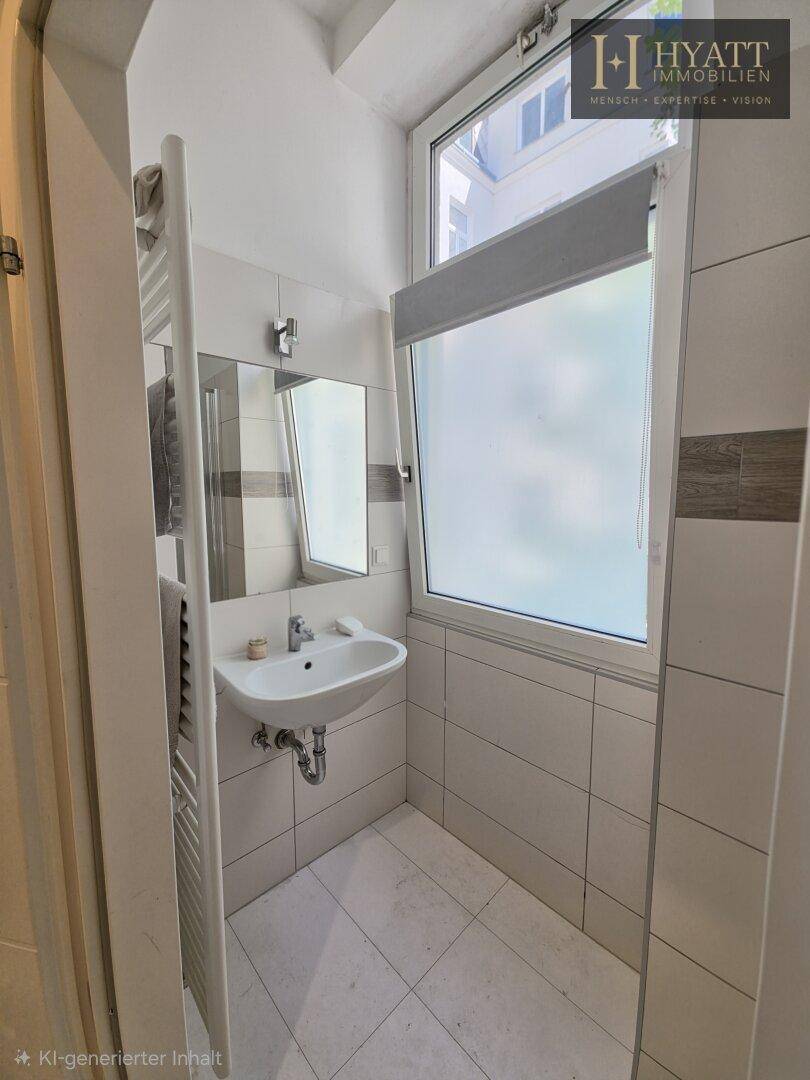 Modernes Badezimmer mit Waschbecken, Spiegel und beheiztem Handtuchhalter, hell durch ein Fenster.