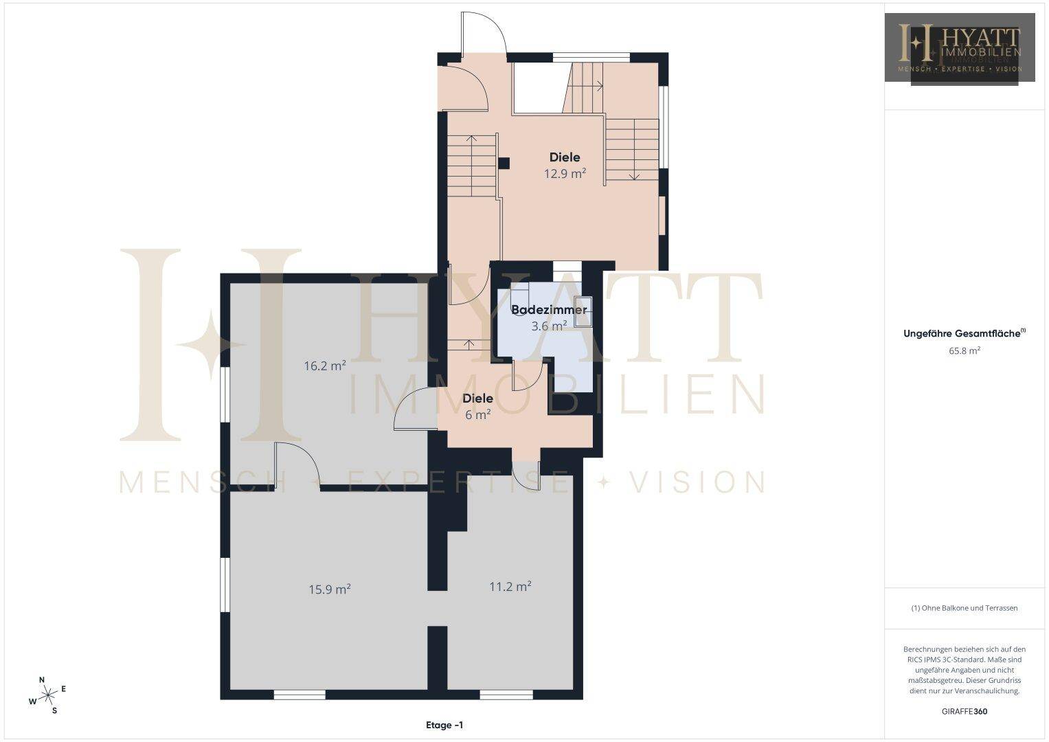 Detaillierter Grundriss der Etage -1 mit Zimmern und Badezimmer.