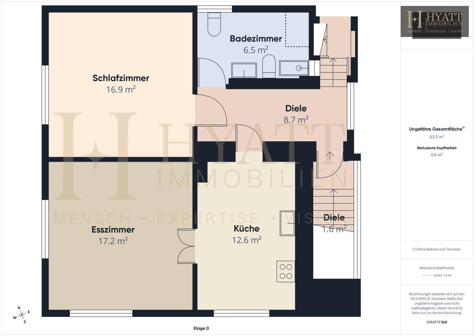 Grundriss des Erdgeschosses mit Schlafzimmer, Badezimmer, Küche und Esszimmer.