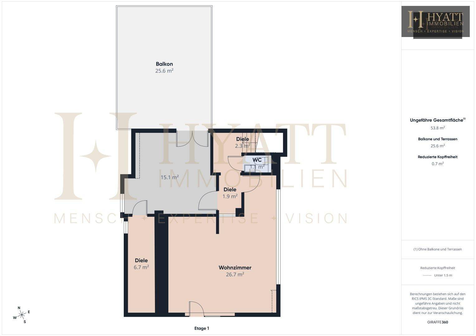 Grundriss des ersten Obergeschosses mit Wohnzimmer, separatem WC und großem Balkon.