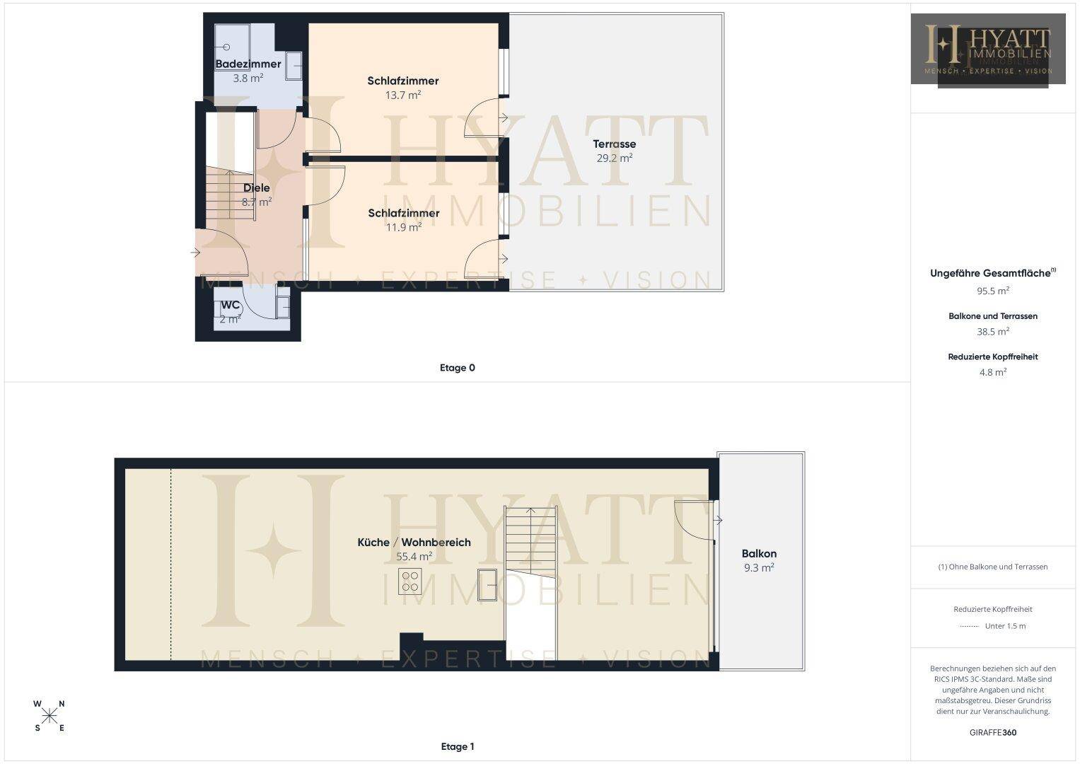 Grundriss der unteren Etage mit zwei Schlafzimmern, Bad, WC und Terrasse.