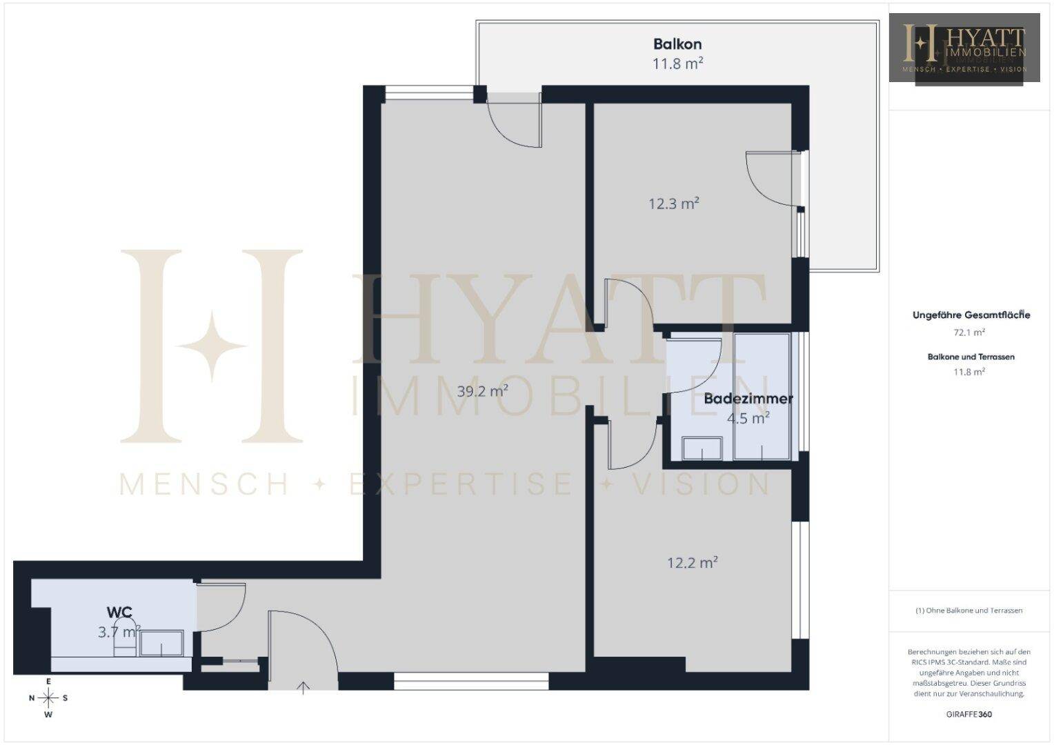 Grundrissplan einer Wohnung mit Balkon, Badezimmer und separatem WC.