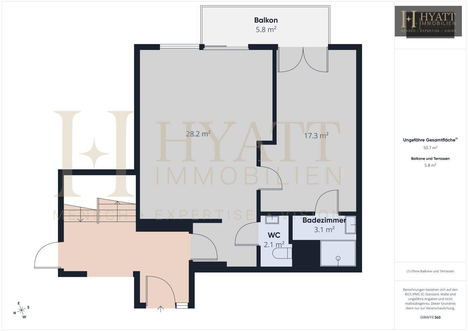 Grundrissplan mit Balkon, Badezimmer und separatem WC, zeigt die Raumaufteilung.