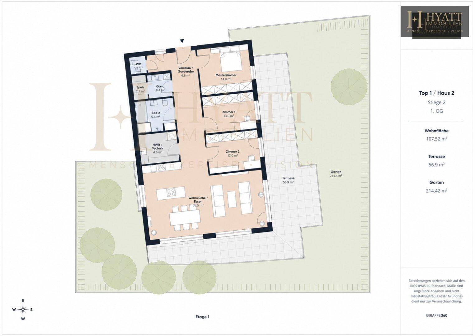 Detaillierter Grundriss der Wohnung mit Wohnbereich, Schlafzimmern, Bädern und Terrasse.