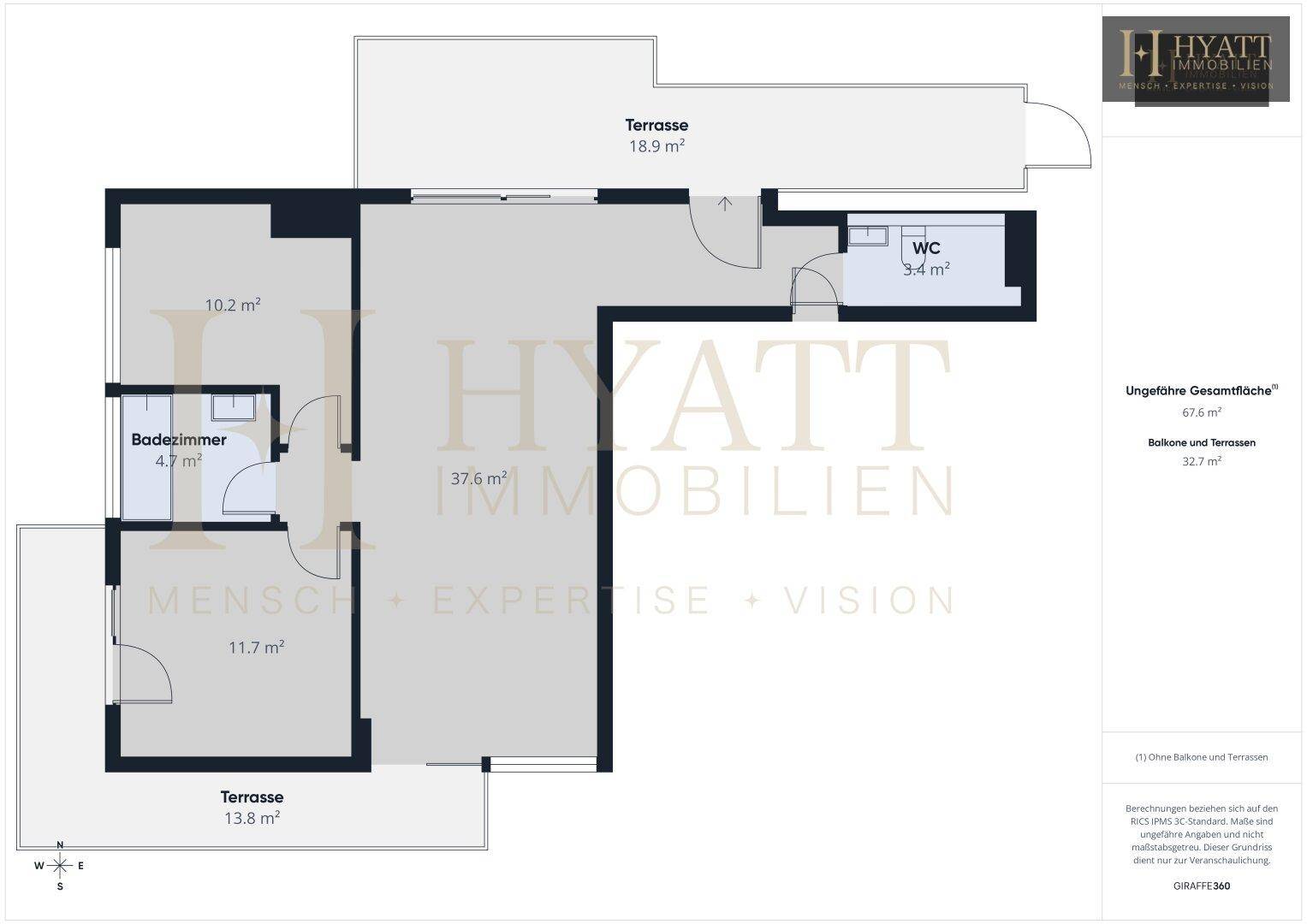 Grundriss der Wohnung mit Terrassen, Badezimmer und WC, Gesamtfläche 67.6 m².