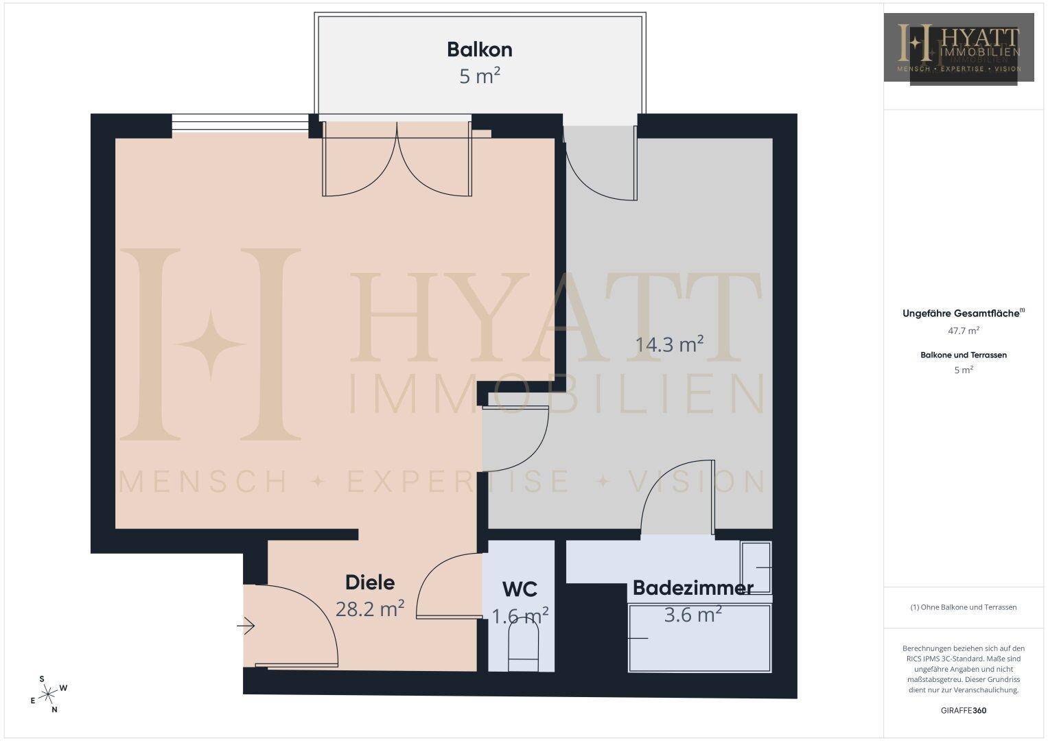 Grundriss einer Wohnung mit Balkon, Diele, Bad und separatem WC.