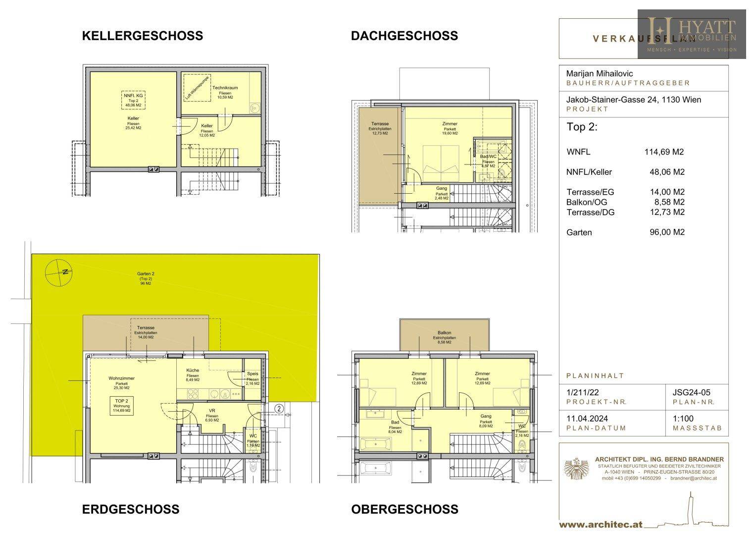 Übersicht der Grundrisse für Kellergeschoss, Erdgeschoss, Obergeschoss und Dachgeschoss.