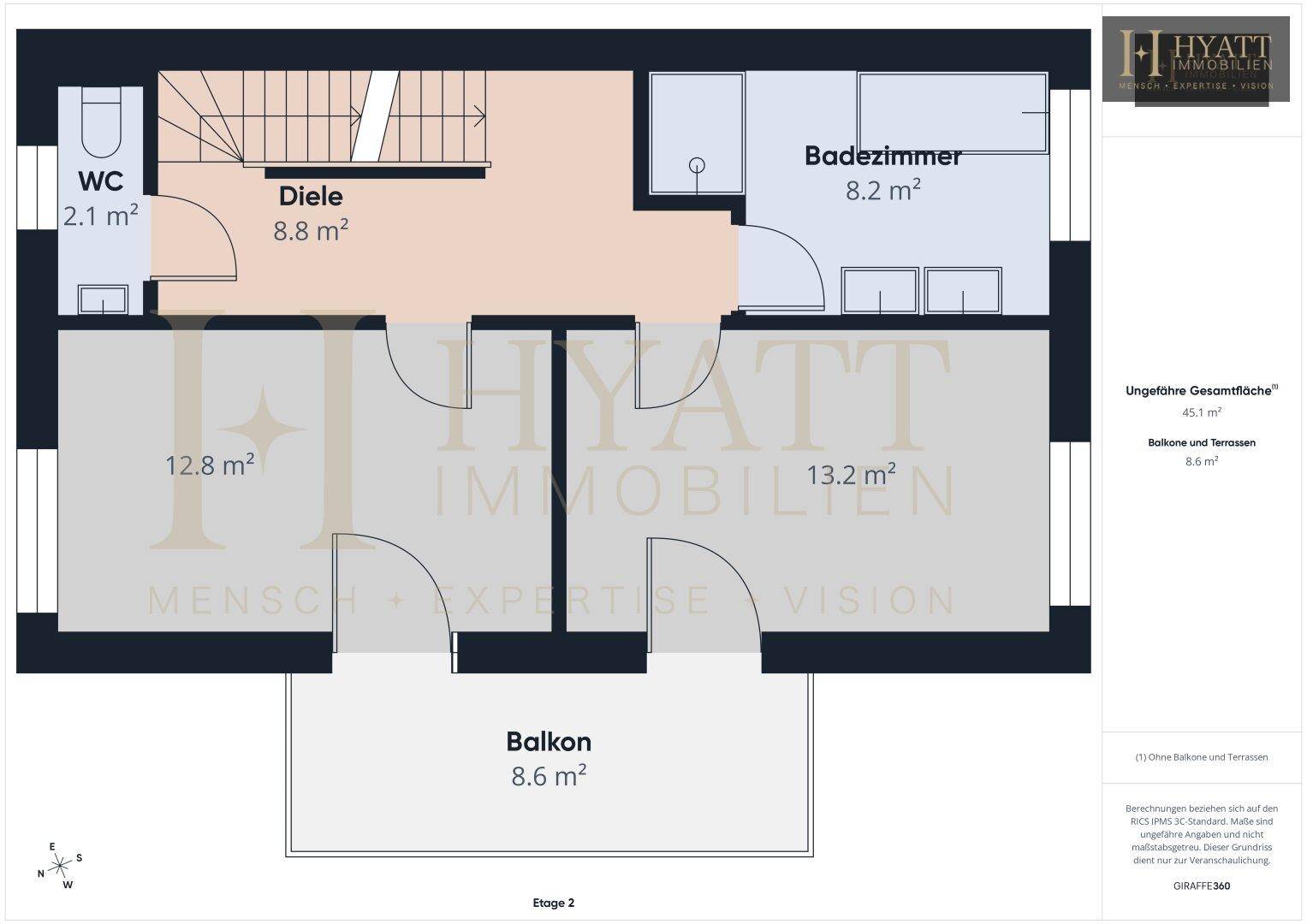 Grundriss der zweiten Etage mit Badezimmer, separatem WC und großem Balkon.
