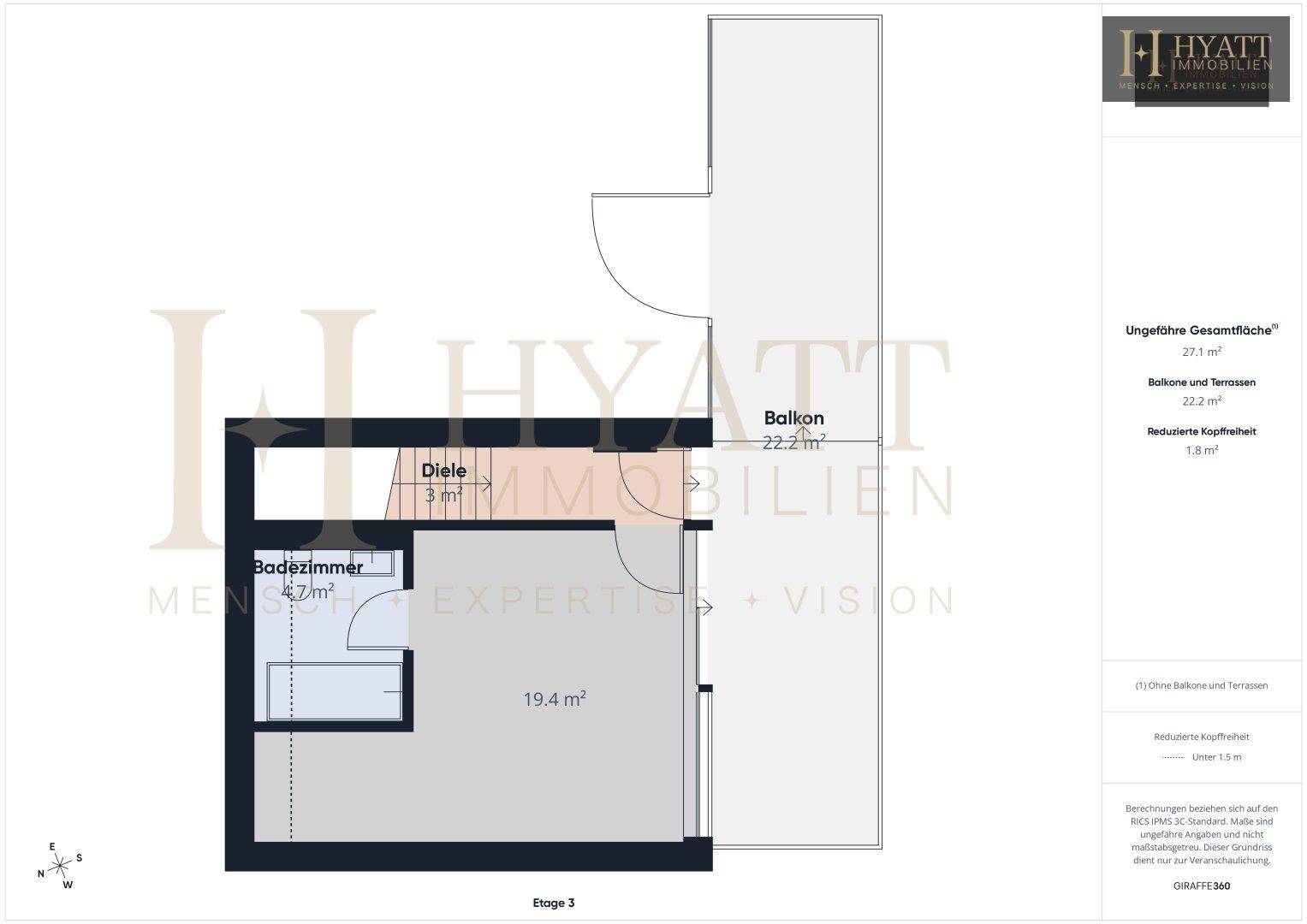 Grundriss der dritten Etage mit Badezimmer, Diele und großem Balkon.