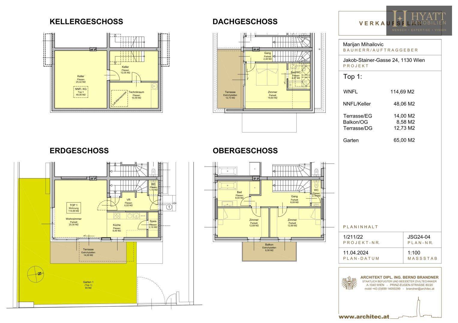 Übersicht der Grundrisse für Keller-, Erd-, Ober- und Dachgeschoss des Hauses.